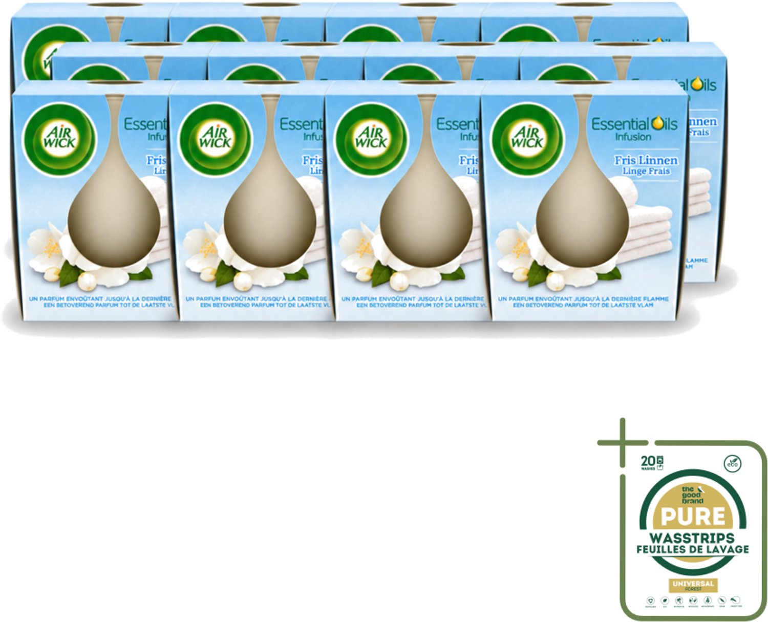 Air Wick 12 x Air Wick – Geurkaars – Fris Linnen met Essentiële Oliën – 105 g - Wasstrips - Geurkaars - Fris Linnen - Essentiële Oliën - Sfeer In Huis - Warme Sfeer Wit