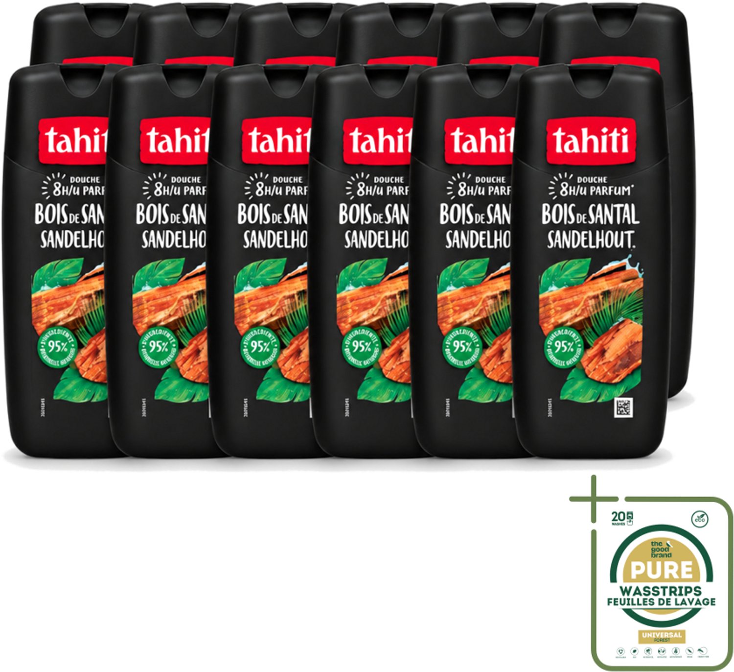 12 x Tahiti – Douchegel – Sandelhout - 315 ml - Wasstrips - Douchegel - Sandelhout - Ontspanning - Natuurlijke Geur - Huidverzorging