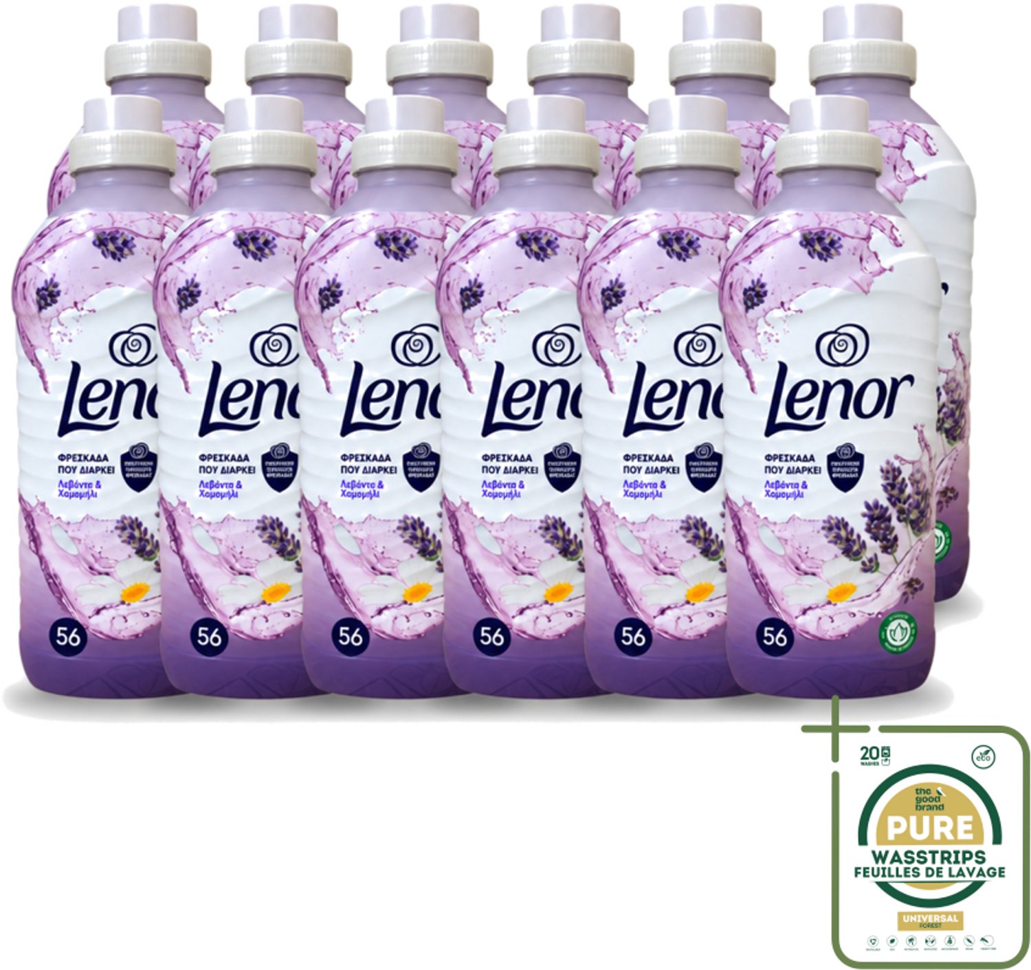 12 x Lenor – Wasverzachter – Lavender & Kamille – 56 Wasbeurten – 1176 ml - Wasstrips - Wasverzachter - Lavendel - Kamille - Wasgeur - Wasverzachting