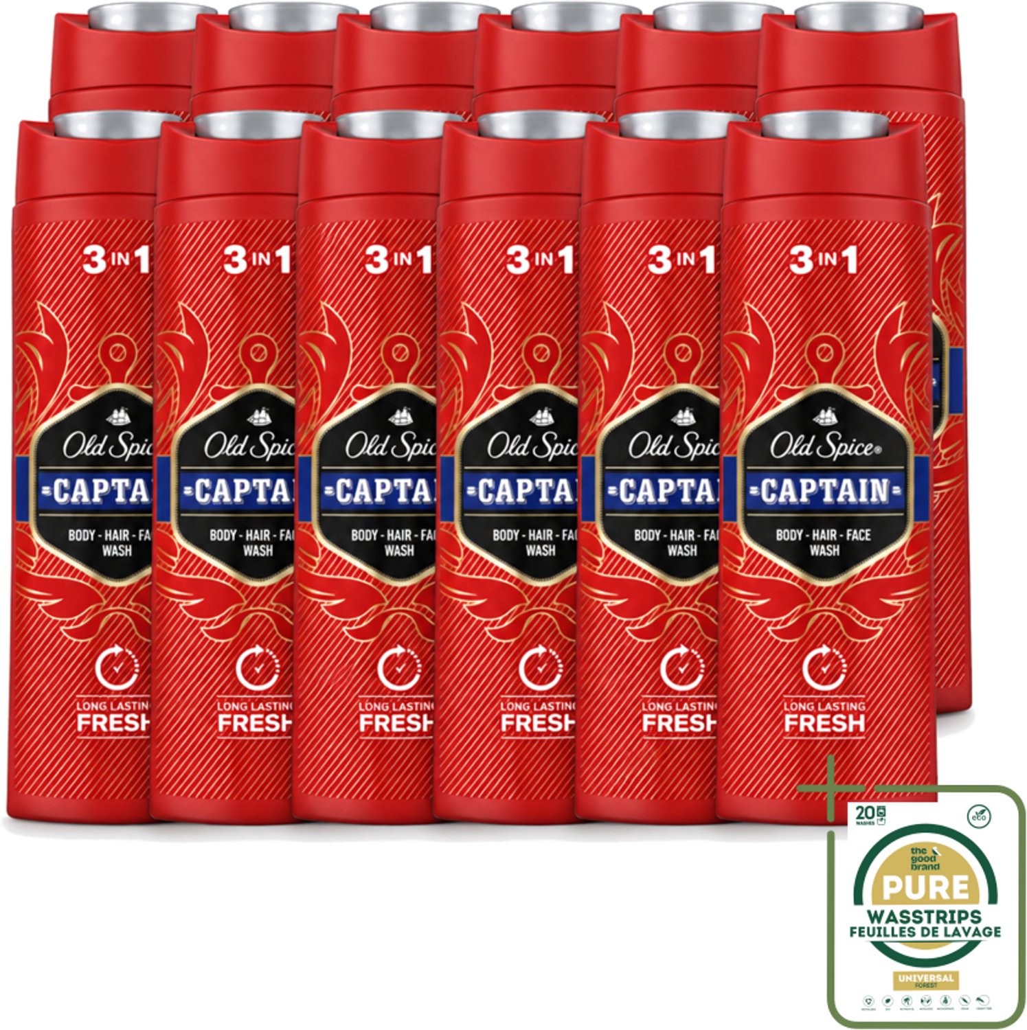 12 x Old Spice – Douchegel – Captain – 400 ml - Wasstrips - Douchegel Voor Mannen - Gezichtsreiniging - Haarreiniging - Lichaamreiniging - Fris Geur