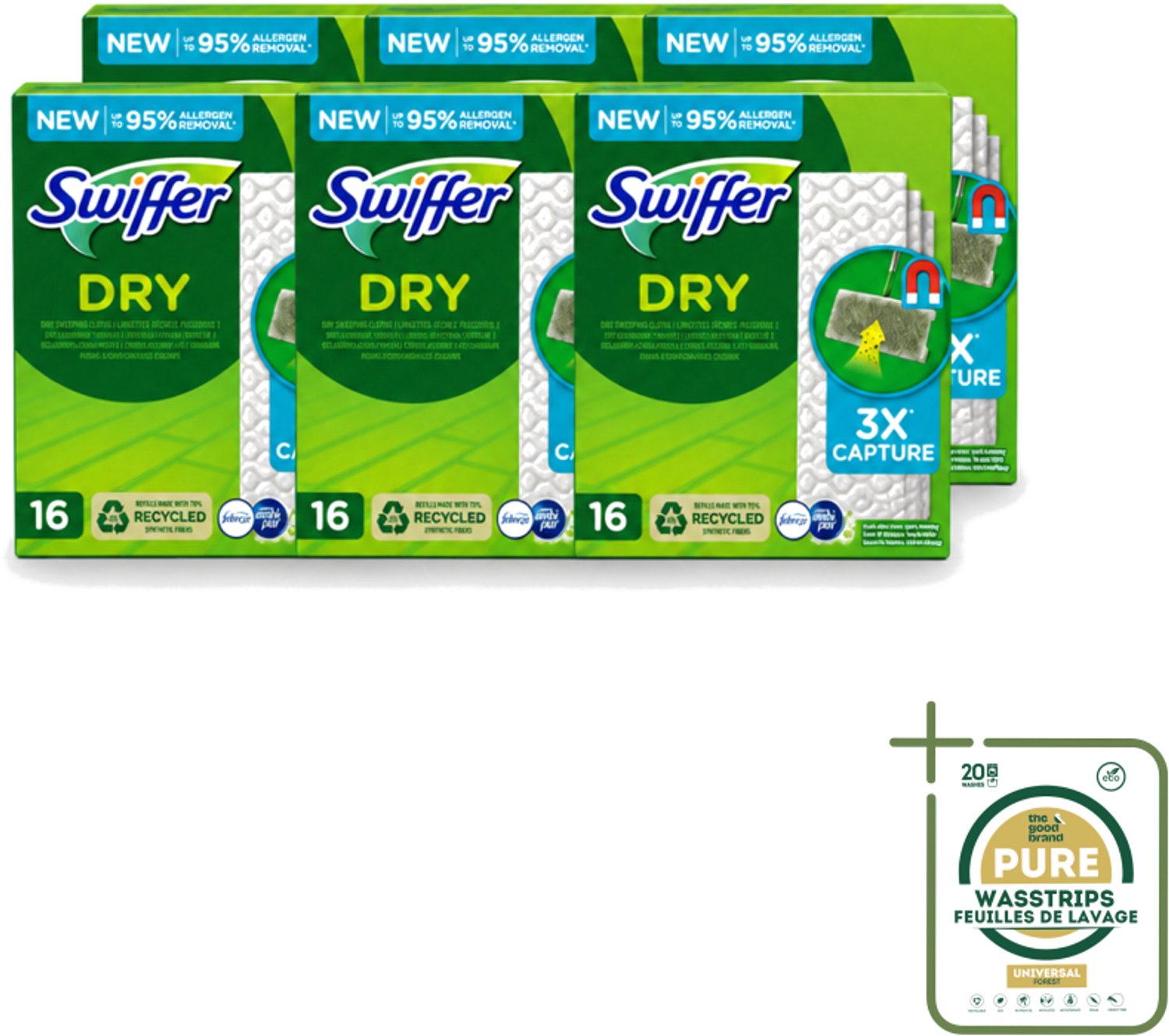 6 x Swiffer – Vloerdoekjes – Dry Navullingen – 16 doekjes - Wasstrips - Vloerreiniger - Droge Doekjes - Stofzuiger - Haren Verwijderen - Vloer Reinigen