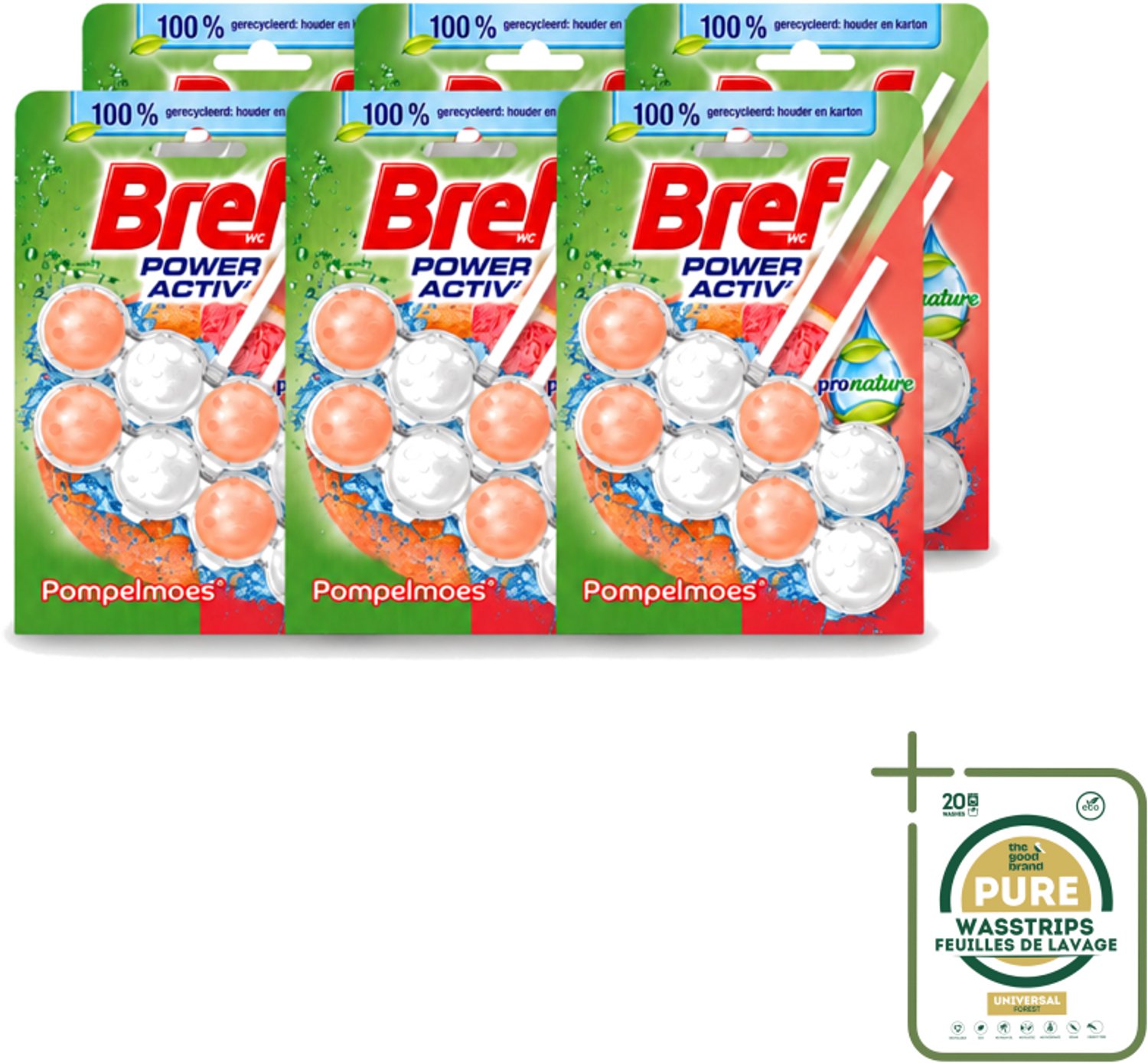 6 x Bref – Toiletblok – Pronature Pompelmoes – Duo Pack - Wasstrips - Bref Pronature - Pompelmoes Toilet - Duurzame Toilet - Citrus Toiletverfrisser - Toiletblok Duo Pack