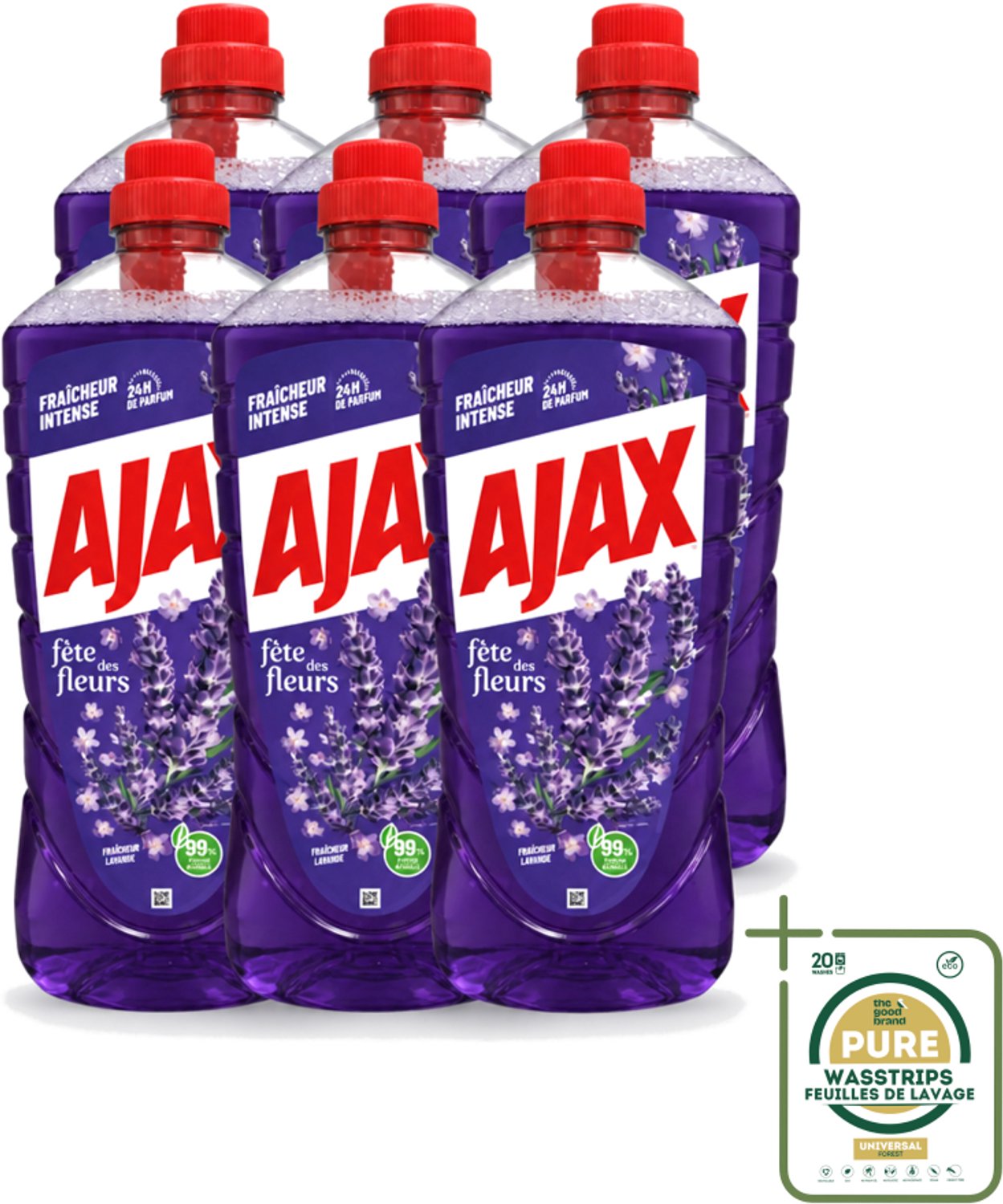 6 x Ajax – Allesreiniger – Lavendel – 1,25 L - Wasstrips - Allesreiniger Lavendel - Reiniging - Vet Verwijderen - Frisse Geur - Rustgevende Geur