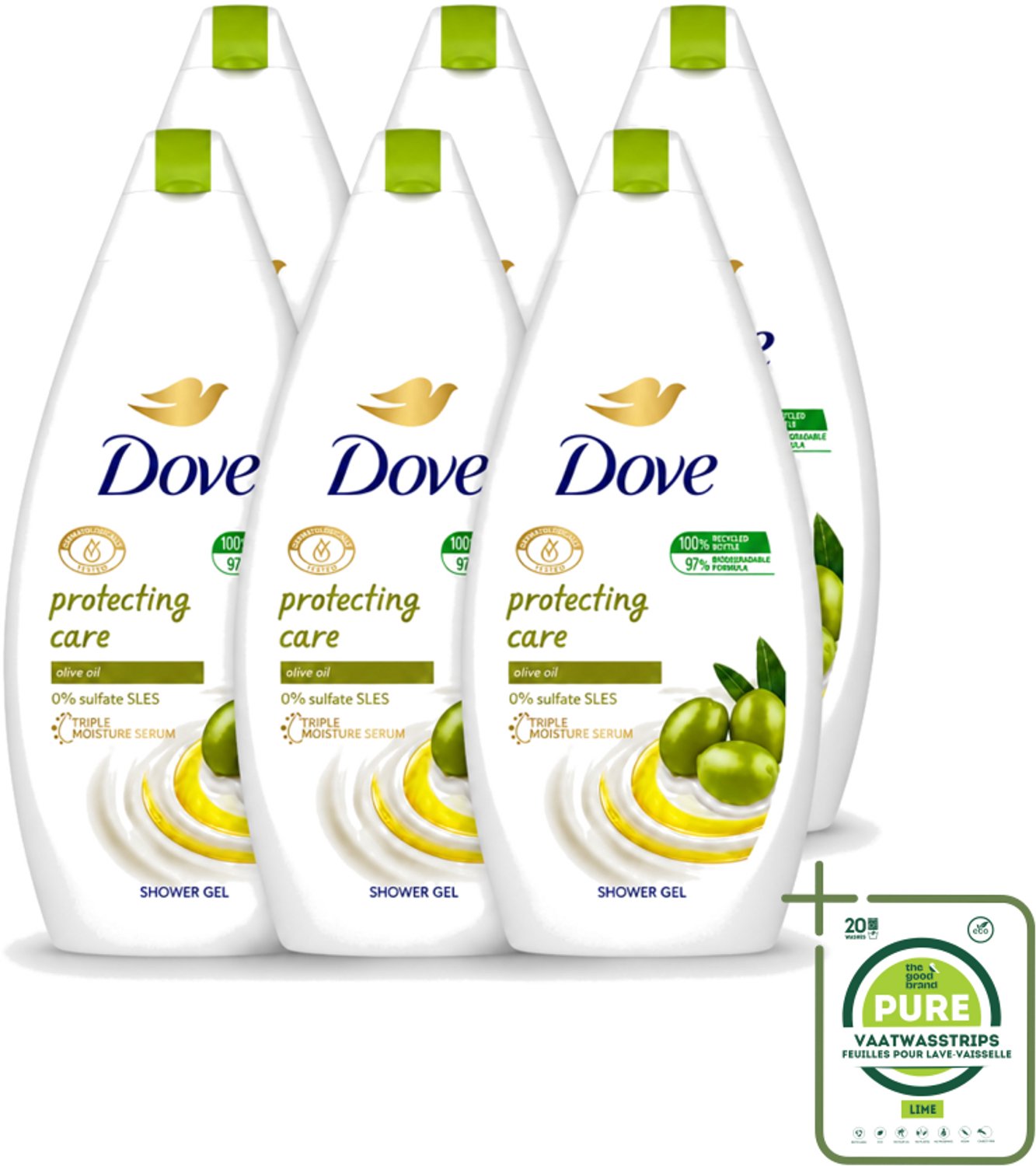 6 x Dove Protecting Care - Douchegel - Olijfolie - Sulfaatvrij - 450 ml - Grootverpakking - Vaatwasstrips - Douchegel - Olijfolie - Huidverzorging - Sulfaatvrije Douchegel - Hydraterende Crème