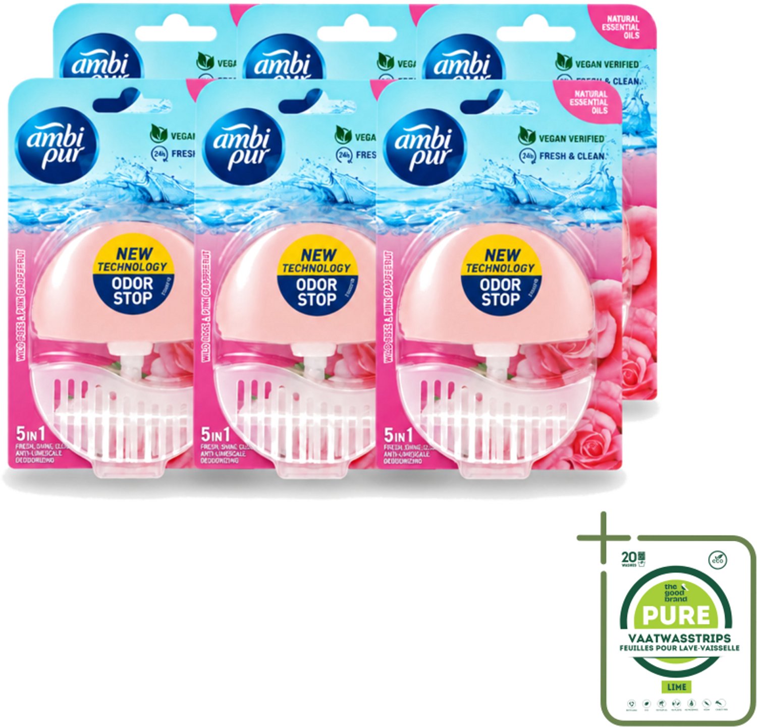 6 x Ambi Pur - Toiletblok - 5in1- Wilde Roos & Roze Grapefruit - 1 Blok - Grootverpakking - Vaatwasstrips - Toilet - Toiletblok - Frisheid - Super Shine - Anti-kalk