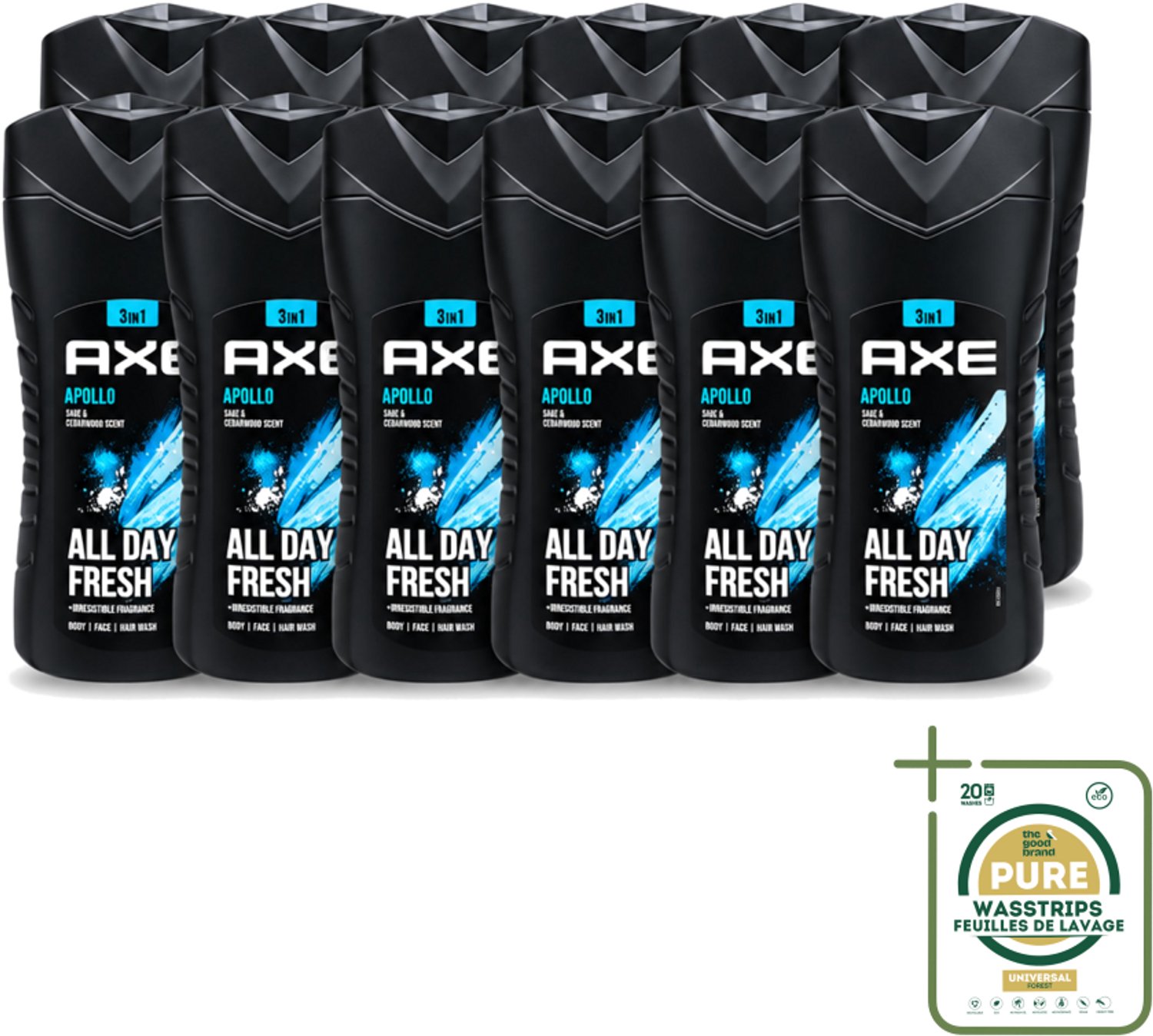12 x Axe - 3-in-1 Douchegel - Apollo - Sage & Cedarwoord - All Day Fresh - 400 ml - Wasstrips - Douchegel - Lichaam - Gezicht - Haar - Salie