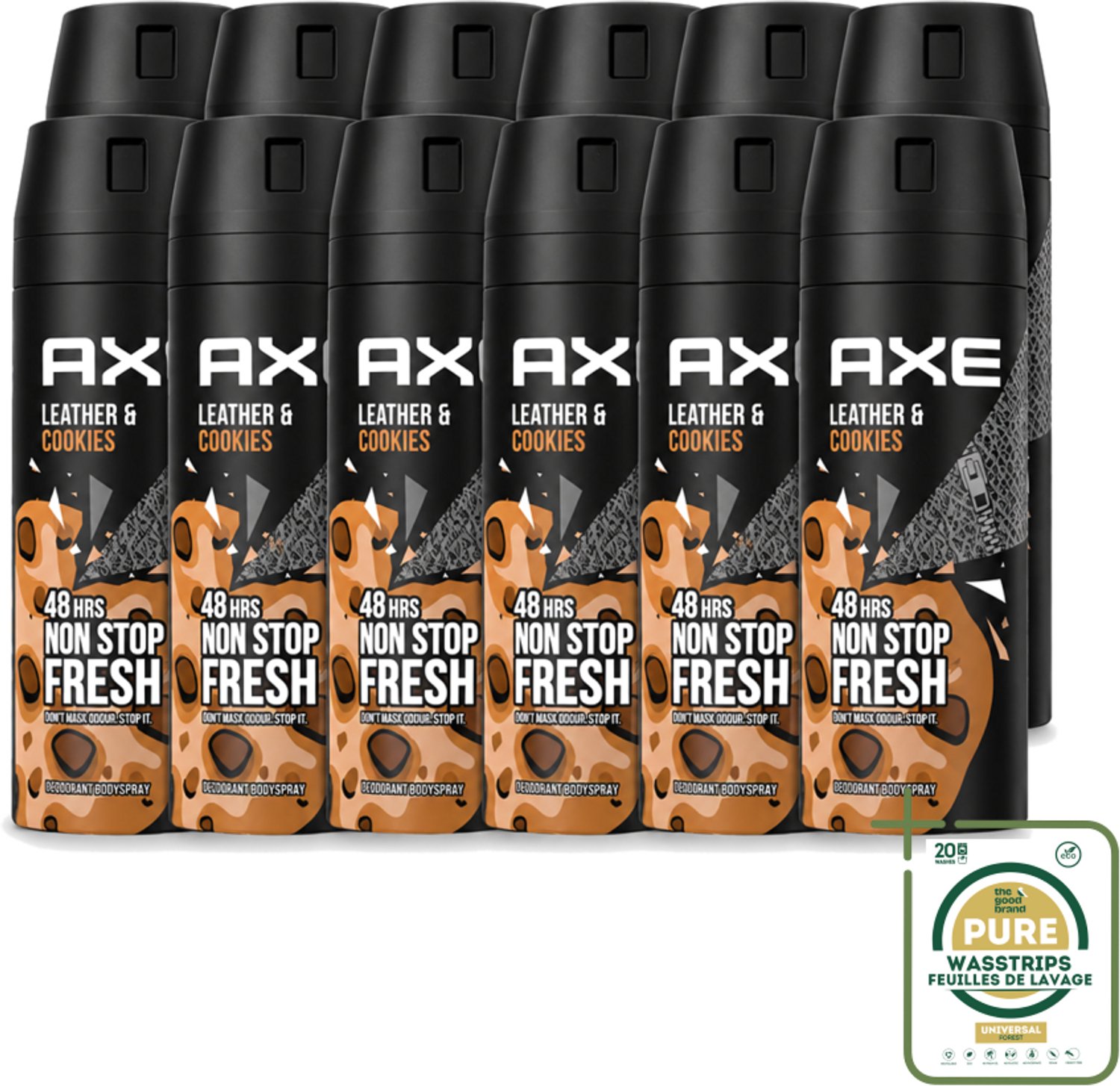 12 x Axe - Deodorant Bodyspray - 48hrs Fresh - Leather & Cookies - 150 ml - Wasstrips - Deodorant - Bodyspray - 48 Uur Bescherming - Leer En Koekjes Geur - Zinktechnologie