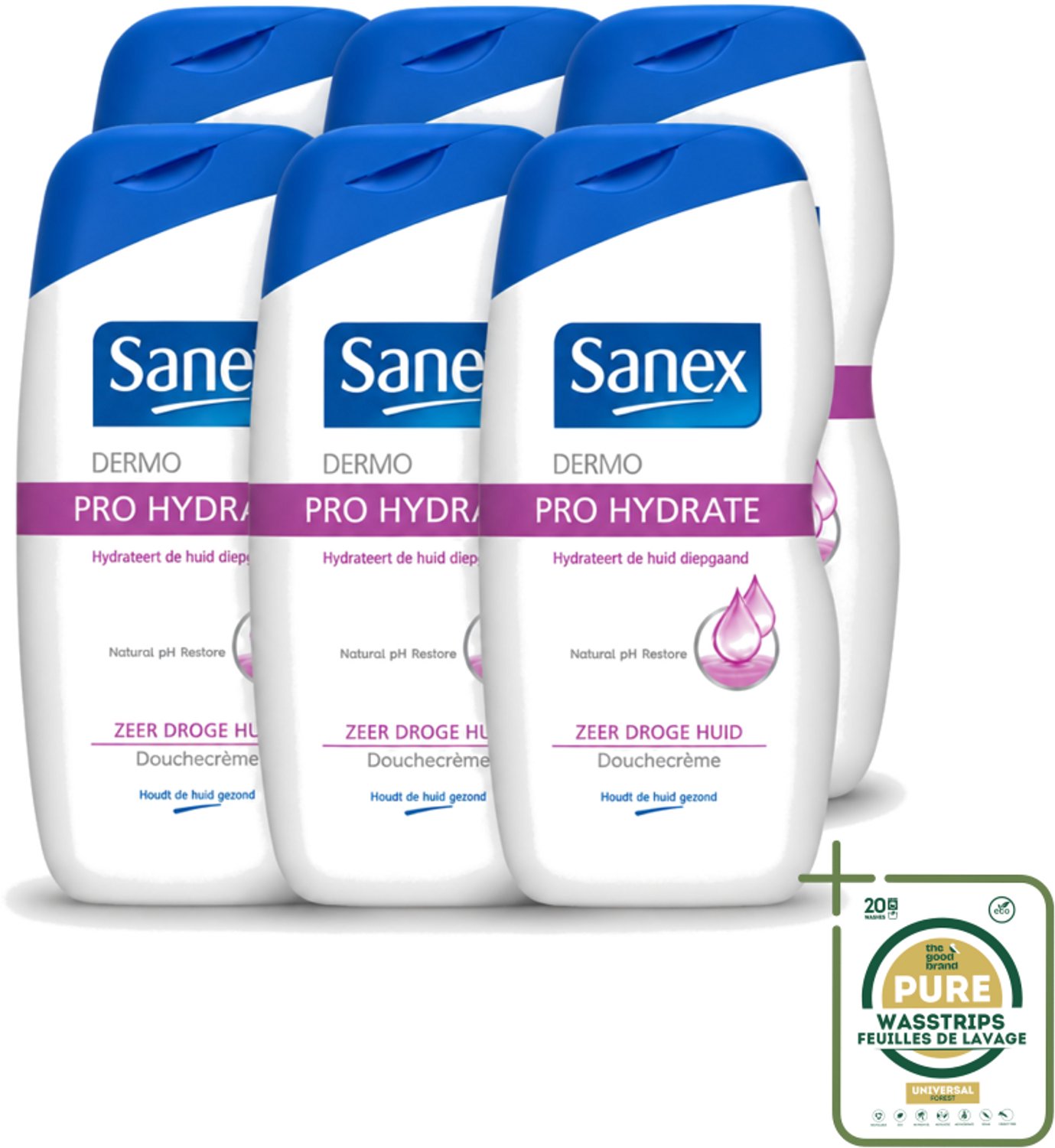 6 x Sanex Dermo - Pro Hydraterend - Douchecrème - Zeer Droge Huid - 500 ml - Wasstrips - Hydratatie Huid - Droge Huid - Douchecrème - Huidbescherming - Dermo Active 3 Complex