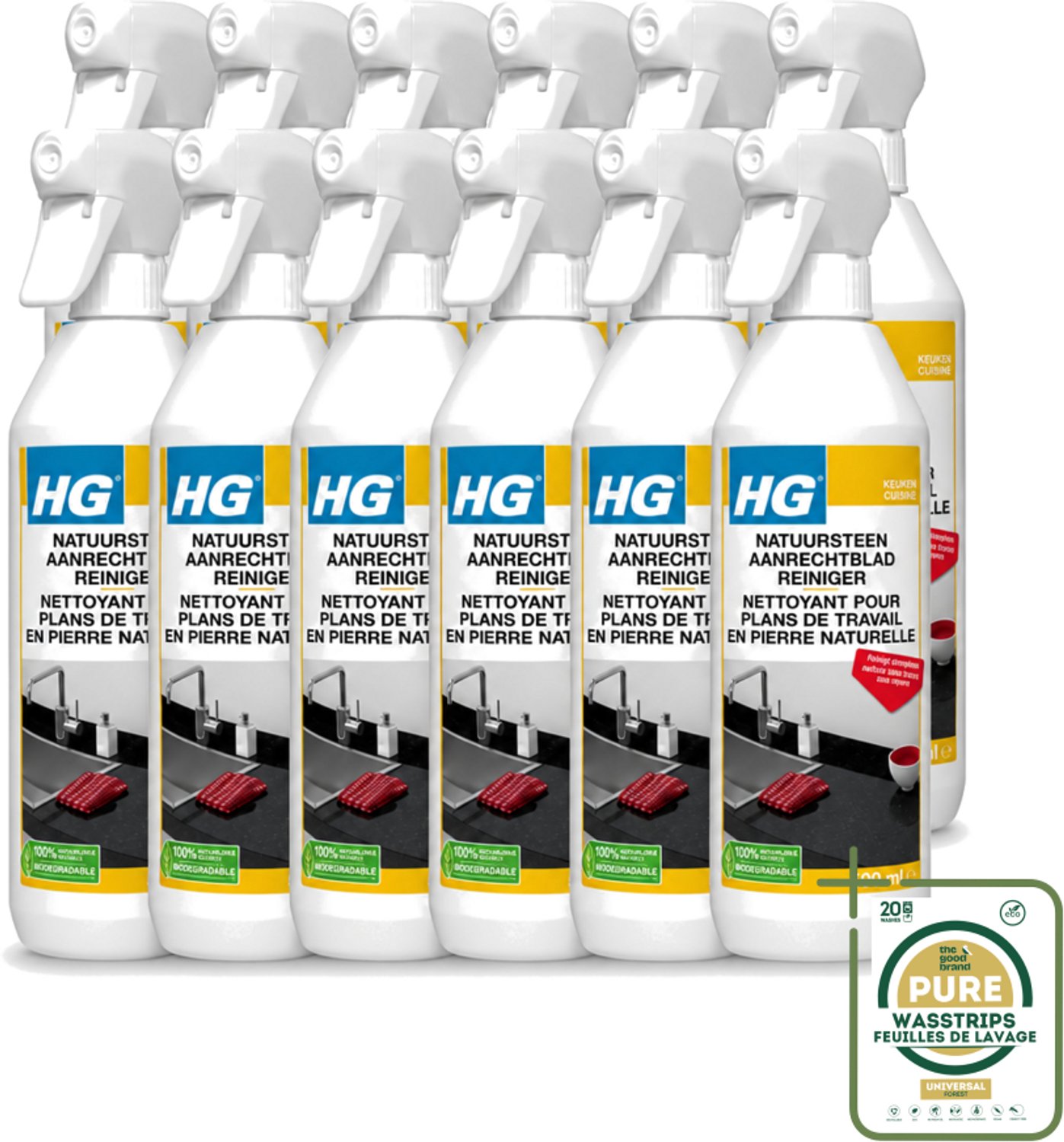 12 x HG - Natuursteen Aanrechtblad Reiniger - Reinigt Streeploos - 500 ml - Natuursteen Aanrechtblad Reinigen - Natuursteen Reinigen - Graniet Reinigen - Marmer Reinigen - Hardsteen Reinigen