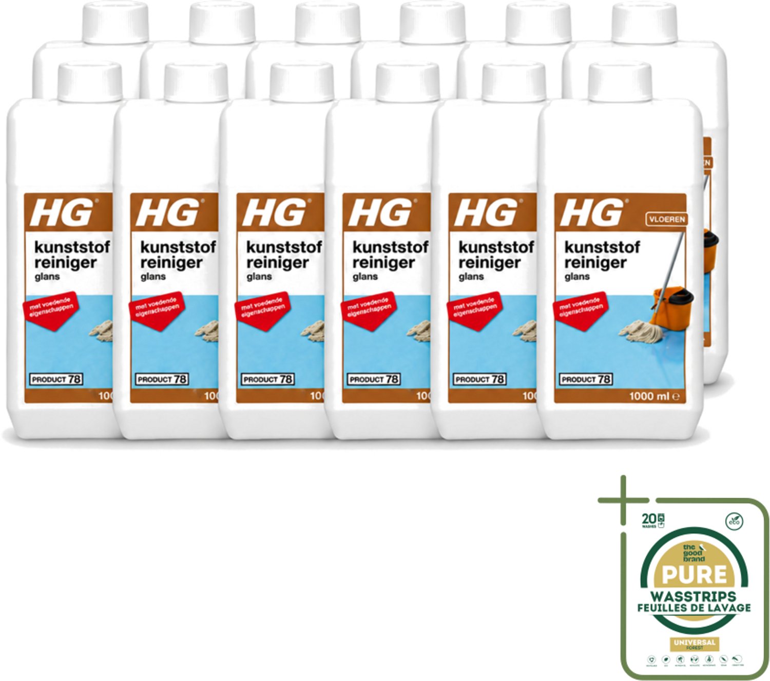 12 x HG - Kunststofreiniger Glans - Met Voedende Eigenschappen - 20 Dweilbeurten - 1L - Wasstrips - Kunststof Reiniger - Glans Reiniger - Kunststof Vloer Reiniger - Voedende Reiniger - Kunststof Vloer Herstellen
