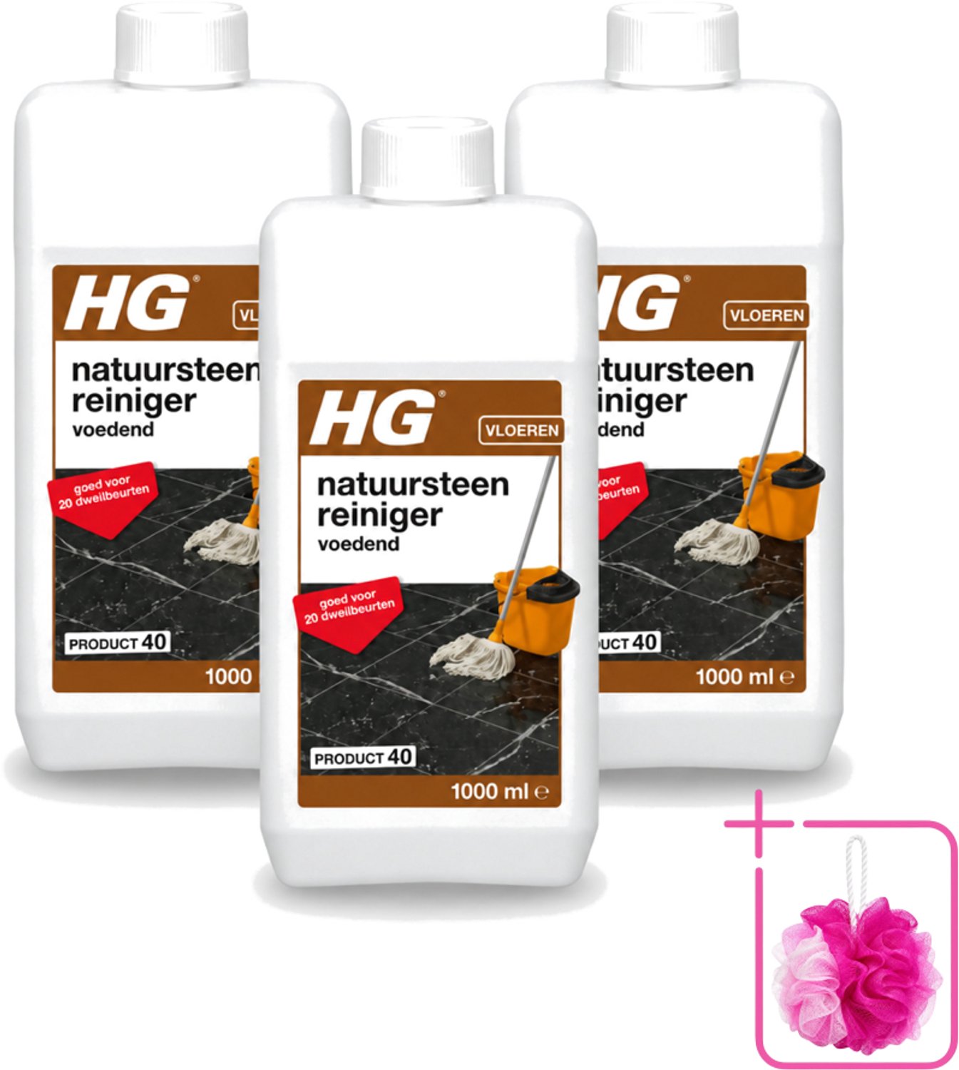 3 x HG - Natuursteenreiniger - Hydraterend - Voor Regelmatige Reiniging - 20 Dweilbeurten - 1L - Bulkverpakking - Natuursteen reinigen - Douchemop - Marmer reinigen
