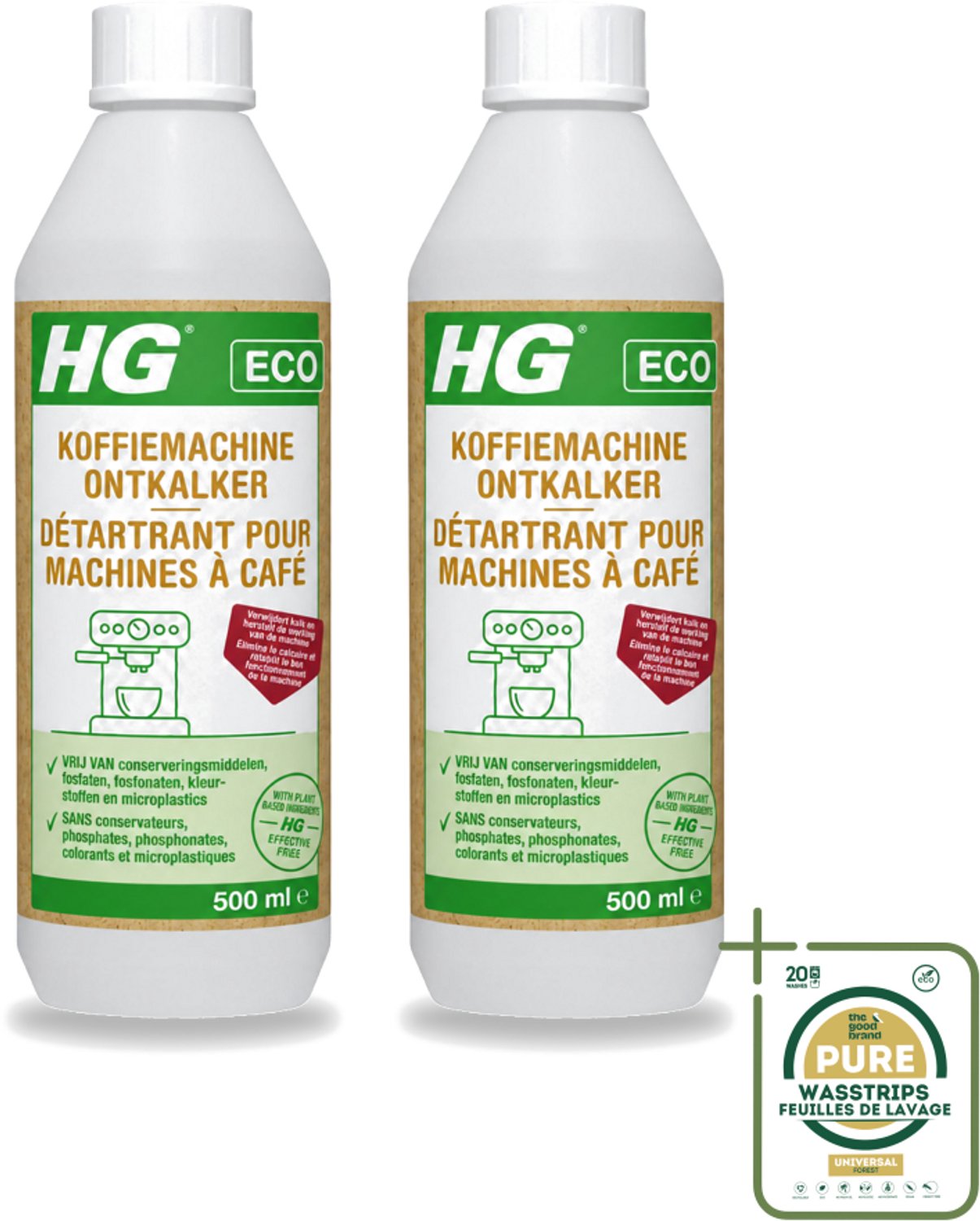 2 x HG ECO - Koffiemachine Ontkalker - Op Basis Van Citroenzuur - 6 Reinigingsbeurten - 500 ml - Wasstrips - Koffiemachine Ontkalker - Citroenzuur - Kalkaanslag Verwijderen - Espresso Machine Ontkalker - Padkoffiemachine Ontkalker