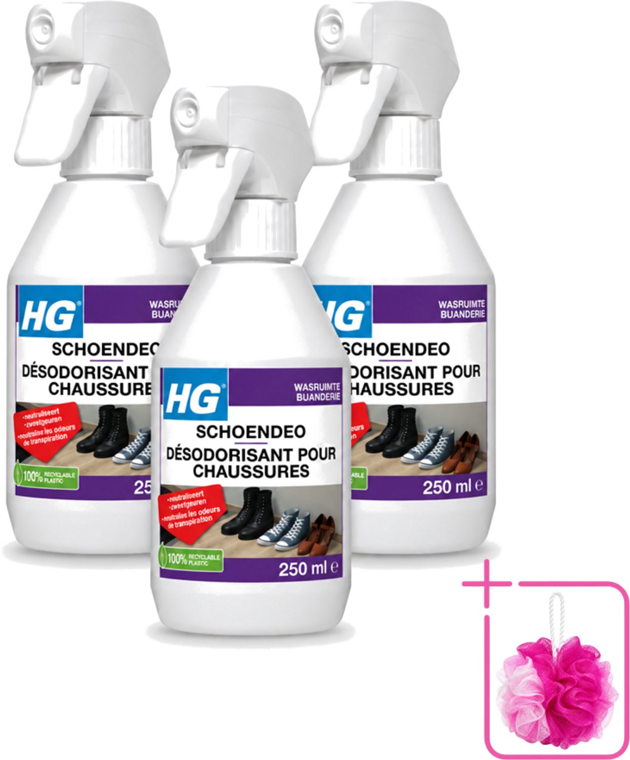 3 x HG - Schoendeo - Neutraliseert Zweetgeuren - Gemakkelijk in Gebruik - 250 ml - Bulkverpakking - Schoenen geur - Douchemop - Transpiratiegeur