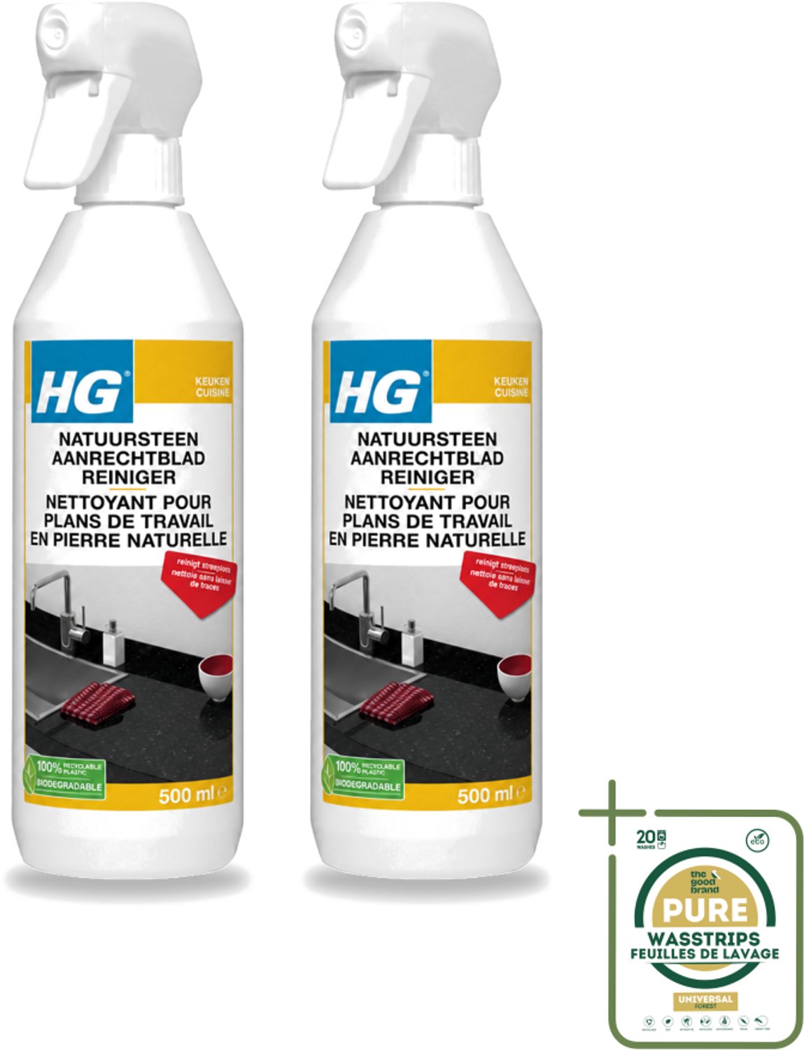 2 x HG - Natuursteen Aanrechtblad Reiniger - Reinigt Streeploos - 500 ml - Natuursteen Aanrechtblad Reinigen - Natuursteen Reinigen - Graniet Reinigen - Marmer Reinigen - Hardsteen Reinigen