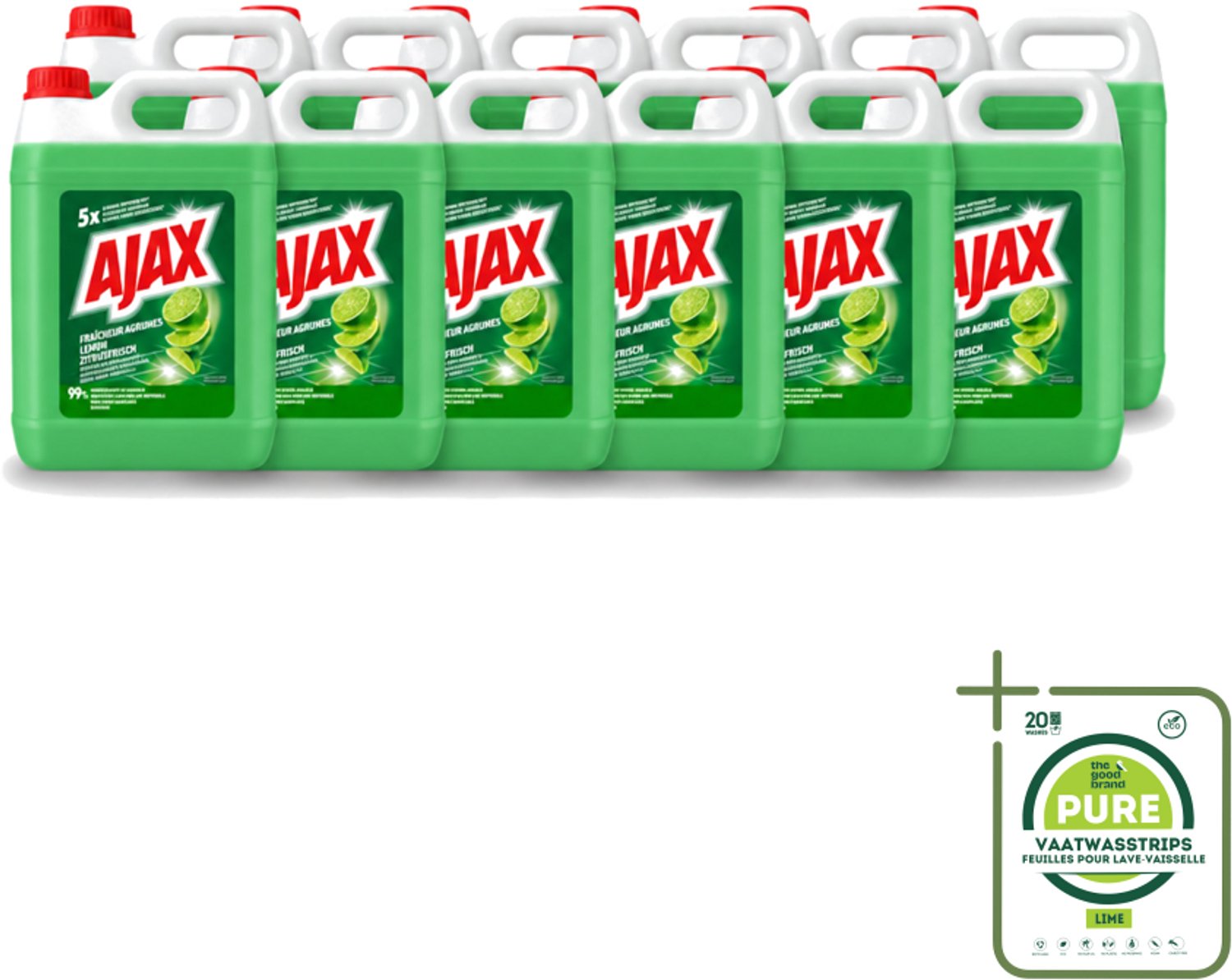 12 x Ajax – Allesreiniger – Limoen – 5000 ml - Grootverpakking - Vaatwasstrips - Allesreiniger Limoen - Krachtige Reiniger - Vet Verwijderen - Frisse Geur - Biologisch Afbreekbaar