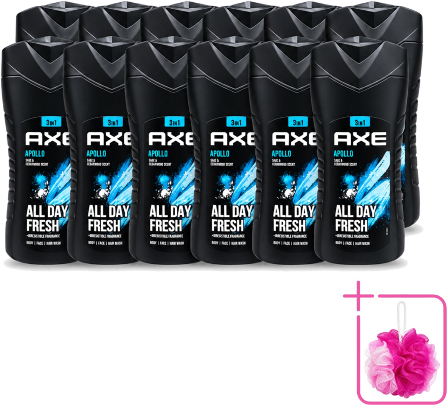 12 x Axe - 3-in-1 Douchegel - Apollo - Sage & Cedarwoord - All Day Fresh - 400 ml - Bulkverpakking - Douchegel - Douchemop - Lichaam