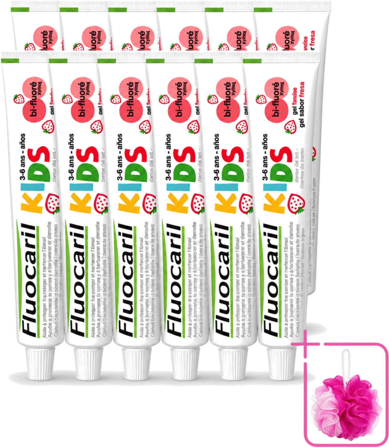 12 x Fluocaril Kids - Bi-Fluoride - Tandpasta - Met Aardbeiensmaak - 3 tot 6 jaar - 50 ml - Bulkverpakking - Tandpasta voor kinderen - Douchemop - Melktanden beschermen