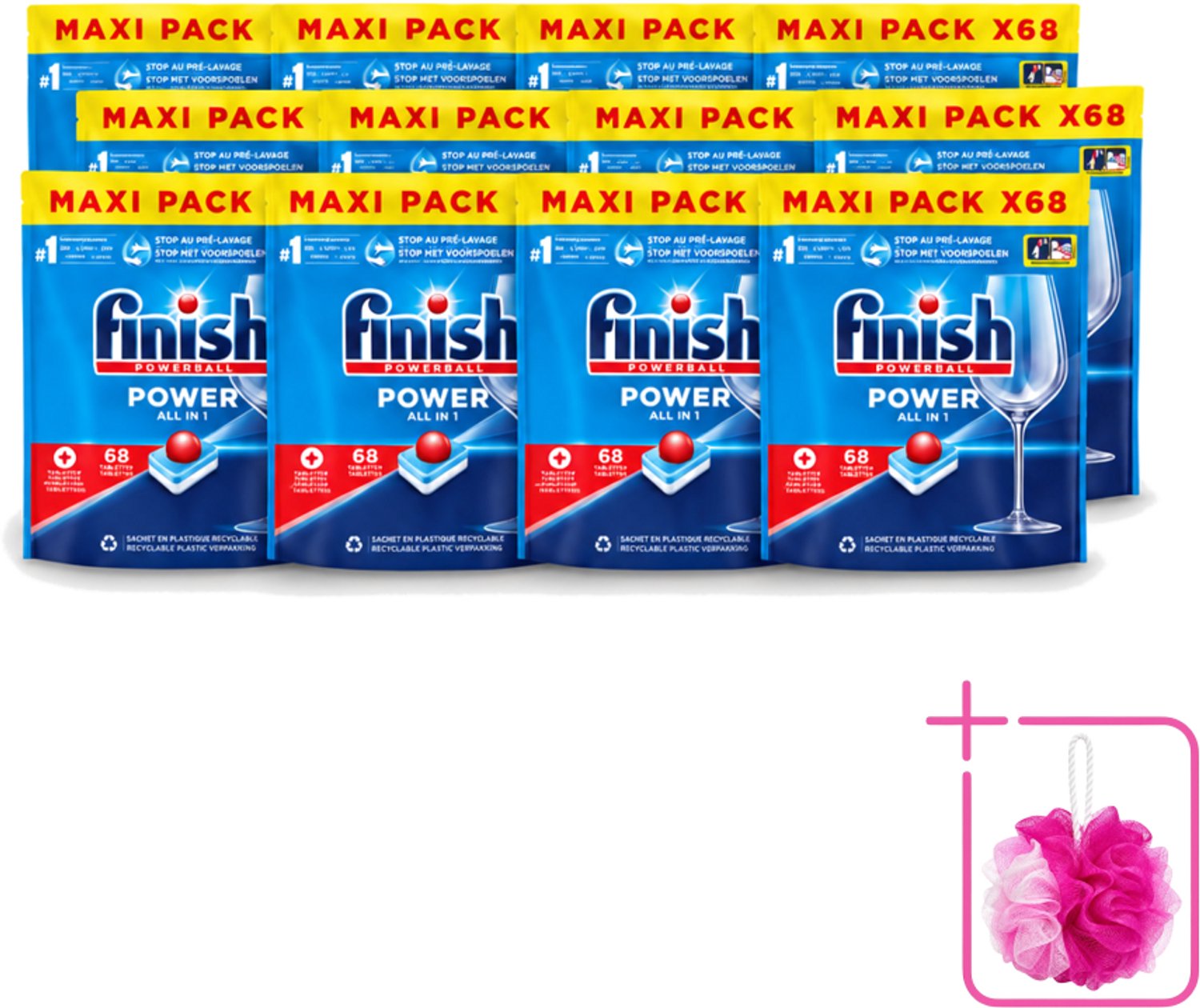12 x Finish Powerball - Power All in 1 - Vaatwastabletten - Reiniging & Glans - 68 Tabletten - Bulkverpakking - Vaatwastabletten - Douchemop - Vaatwasmiddel