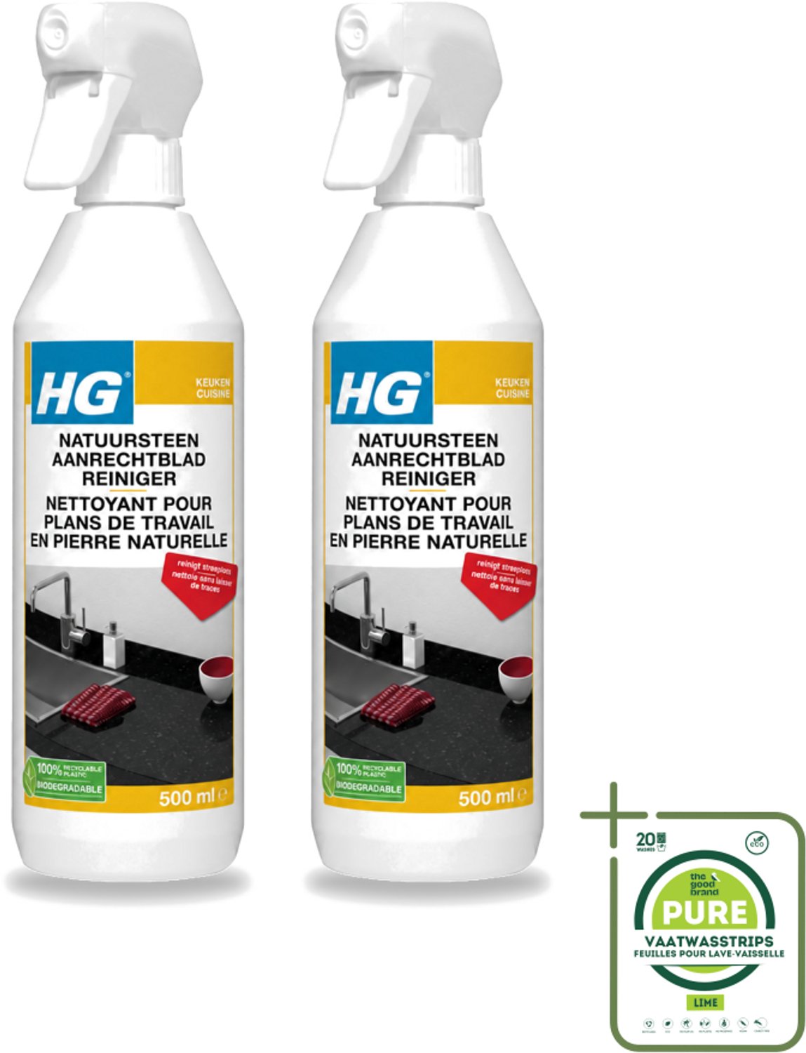 2 x HG - Natuursteen Aanrechtblad Reiniger - Reinigt Streeploos - 500 ml - Grootverpakking - Natuursteen Aanrechtblad Reinigen - Natuursteen Reinigen - Graniet Reinigen - Marmer Reinigen - Hardsteen Reinigen