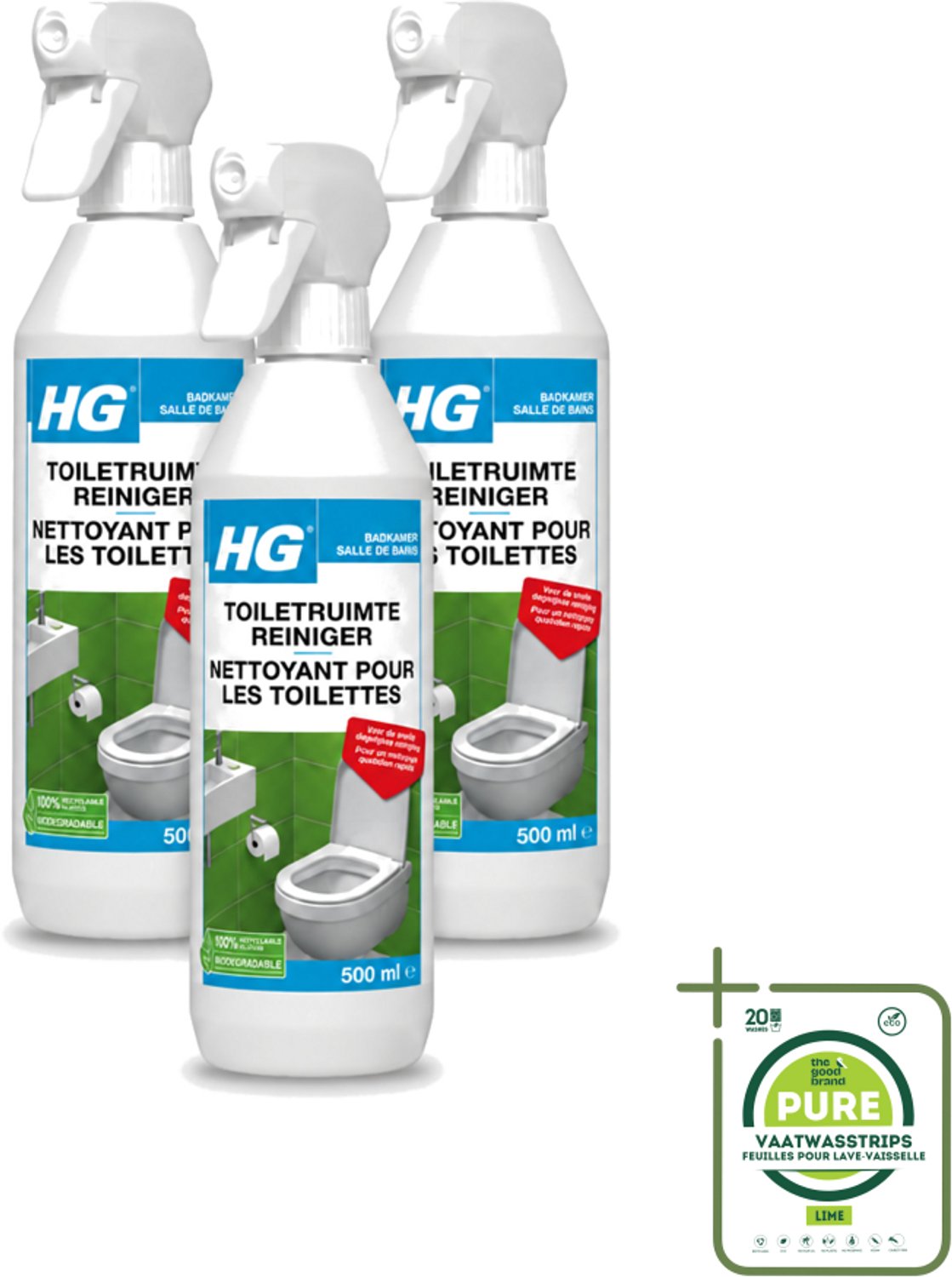 3 x HG - Badkamer - Toiletruimte Reiniger - Snelle Dagelijkse Reiniging - 500 ml - Grootverpakking - Vaatwasstrips - Toiletruimte Reinigen - Toiletruimte Reiniger - Toilet Reinigen - Toilet Reiniger - Hygiëne