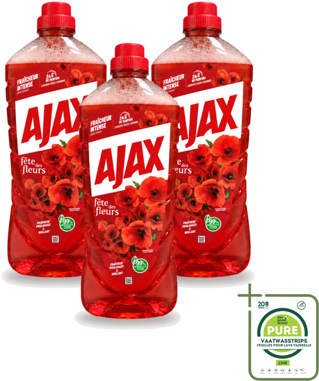 3 x Ajax – Allesreiniger – Rode Bloemen – 1,25 L - Grootverpakking - Vaatwasstrips - Allesreiniger Rode Bloemen - Reiniger 1.25 L - Bloemengeur Reiniger - Krachtige Reiniger - Huishoudelijke Reiniger