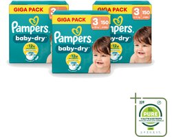 3 x Pampers – Luiers – Baby Dry Maat 3 – 150 Luiers - Grootverpakking - Vaatwasstrips - Baby-dry Luiers - Lekken Voorkomen - Droge Nachten - Comfortabele Luiers - Stop En Bescherm Pocket