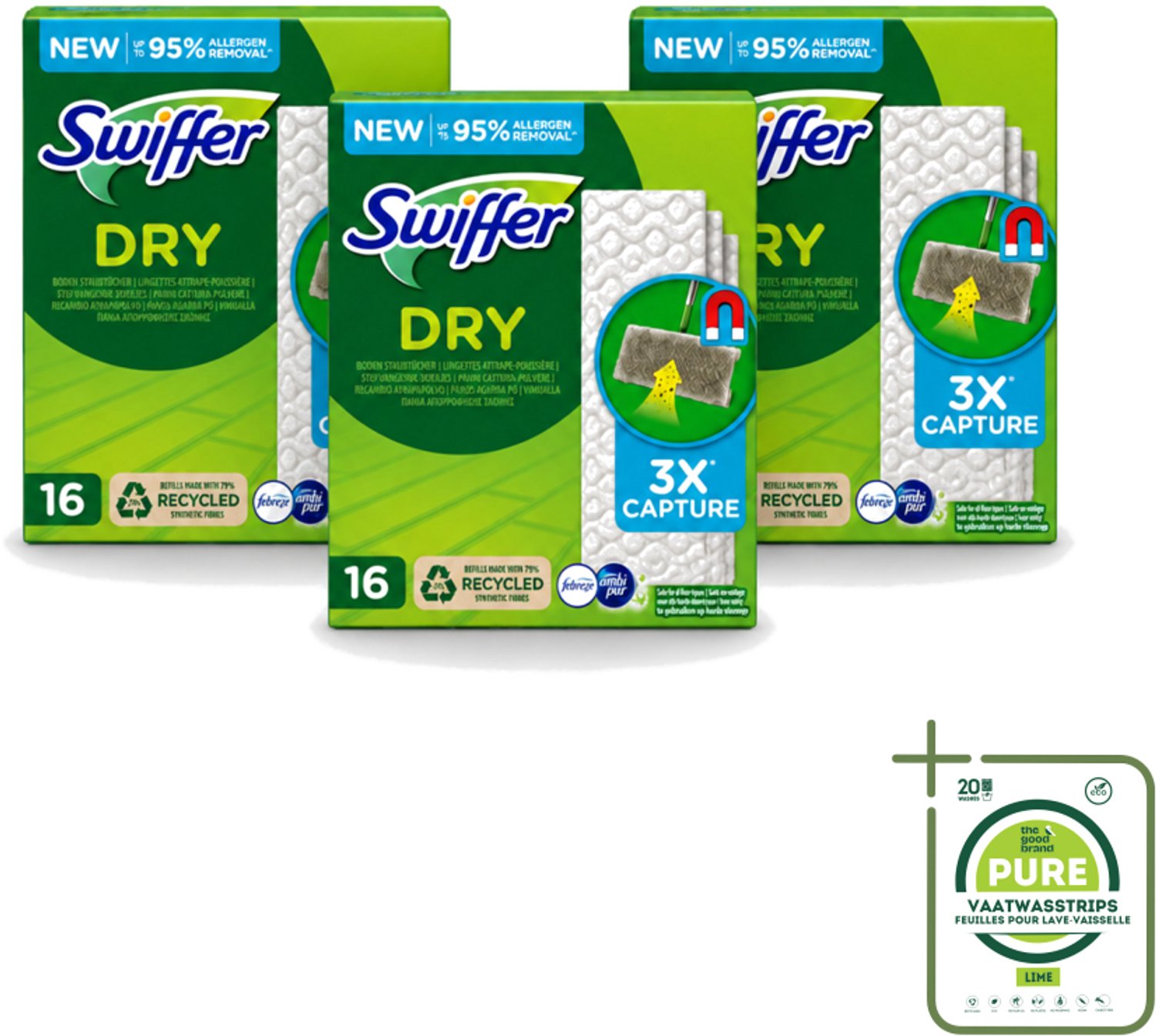 3 x Swiffer – Vloerdoekjes – Dry Navullingen – 16 doekjes - Grootverpakking - Vaatwasstrips - Vloerreiniger - Droge Doekjes - Stofzuiger - Haren Verwijderen - Vloer Reinigen