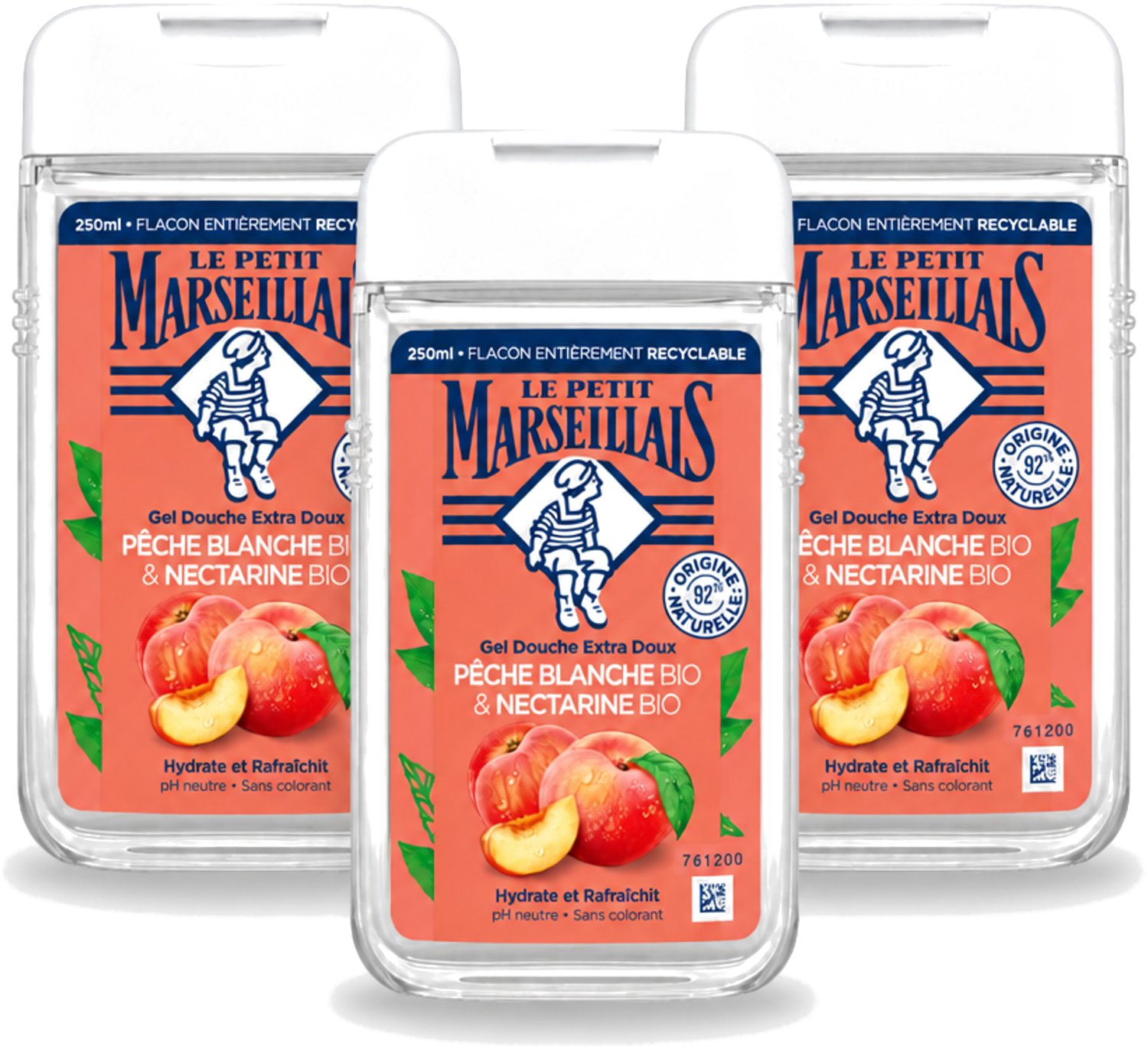 3 x Le Petit Marseillais – Douchegel – Pêche Blanche & Nectarine Bio – 250 ml - Voordeelverpakking - 3 stuks