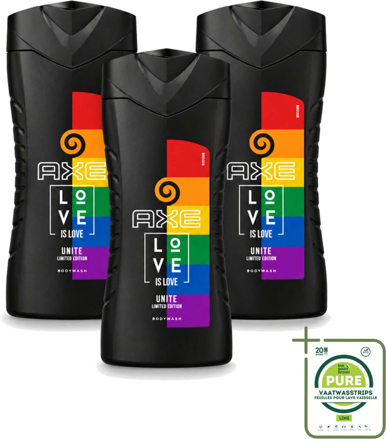 3 x AXE – Bodywash – Unite Love Is Love – 250 ml - Grootverpakking - Vaatwasstrips - Douchegel - Africa - Frisheid - Schuim - Reiniging