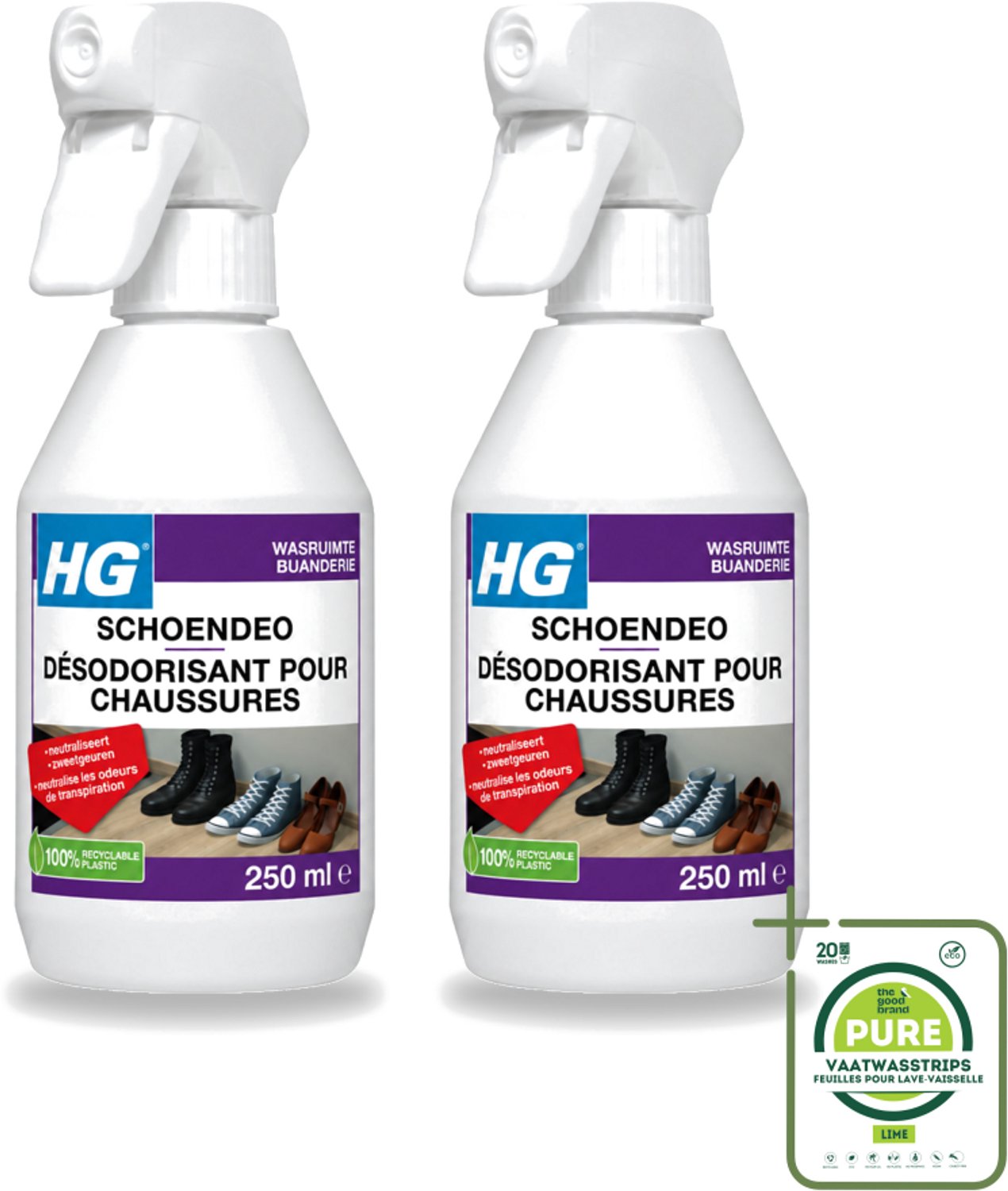 2 x HG - Schoendeo - Neutraliseert Zweetgeuren - Gemakkelijk in Gebruik - 250 ml - Grootverpakking - Vaatwasstrips - Schoenen Geur - Transpiratiegeur - Schoendeo - Schoenen Reinigen - Schoenen Fris