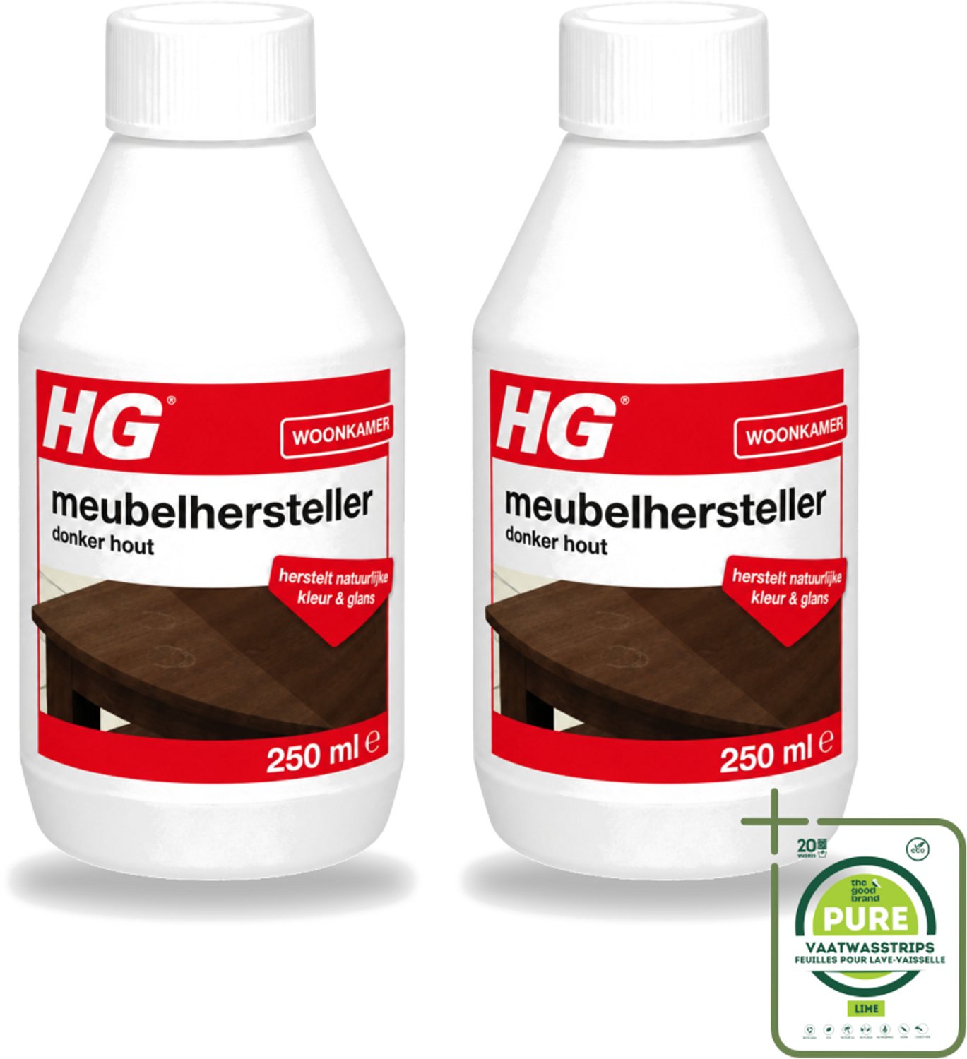 2 x HG - Meubelhersteller - Donker Hout - Herstelt Natuurlijke Kleur & Glans - 250 ml - Grootverpakking - Vaatwasstrips - Meubelhersteller - Donker Hout - Herstel Krassen - Herstel Vlekken - Herstel Waterkringen