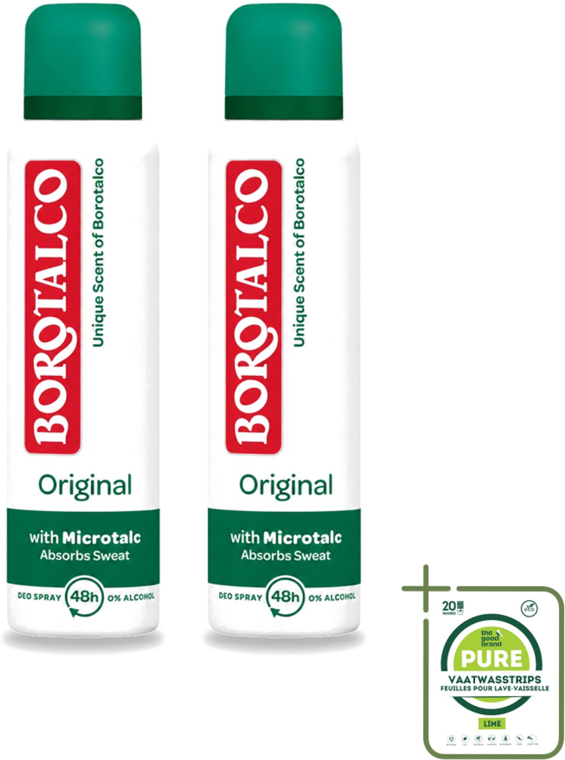 2 x Borotalco - Deodorant Spray - Original - Active Crystal Talc - 0% Alcohol - 150 ml - Grootverpakking - Vaatwasstrips - Deodorant Spray - Zweetgeur - Droge Huid - Microtalk - Transpiratie