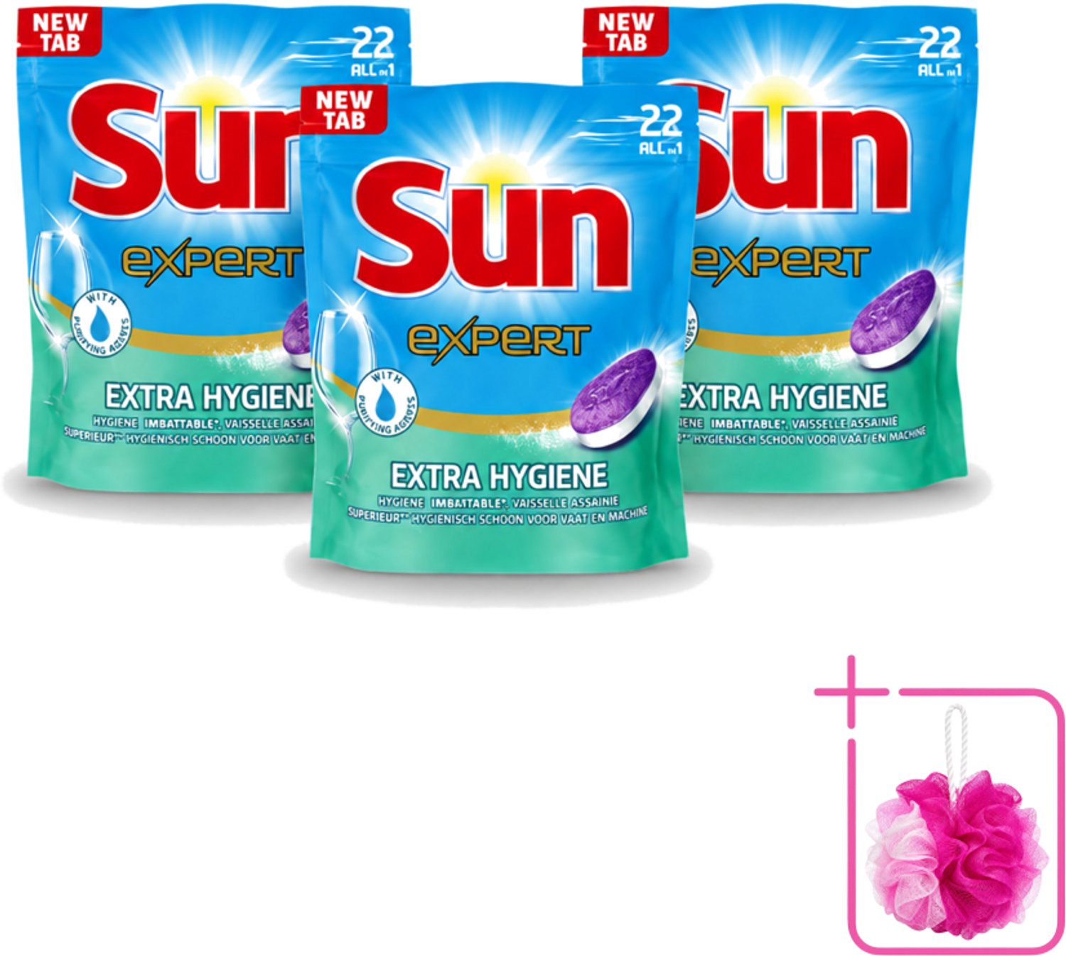 3 x Sun Expert - Extra Hygiëne - Vaatwastabletten - 22 Tabletten - Bulkverpakking - Vaatwastabletten - Douchemop - Hygiëne