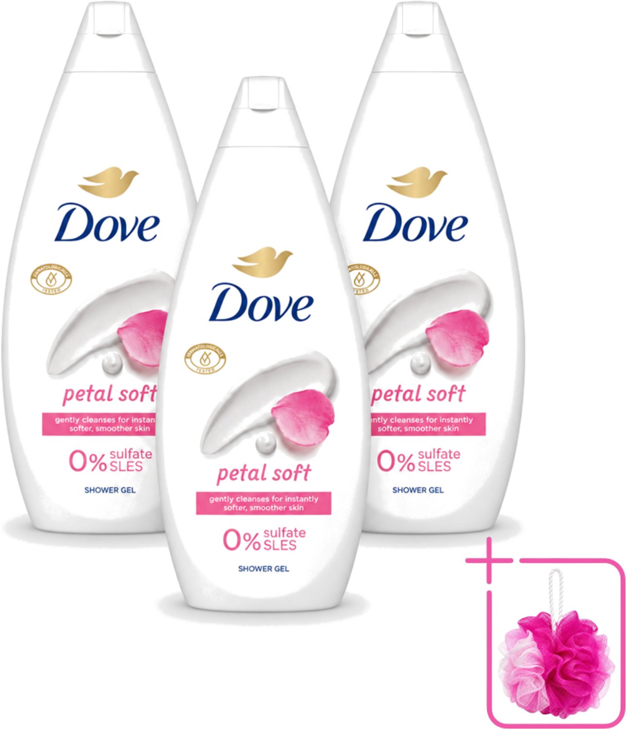 3 x Dove Petal Soft - Douchegel - Sulfaatvrij - 250 ml - Bulkverpakking - Douchegele - Douchemop - Zachte reiniging