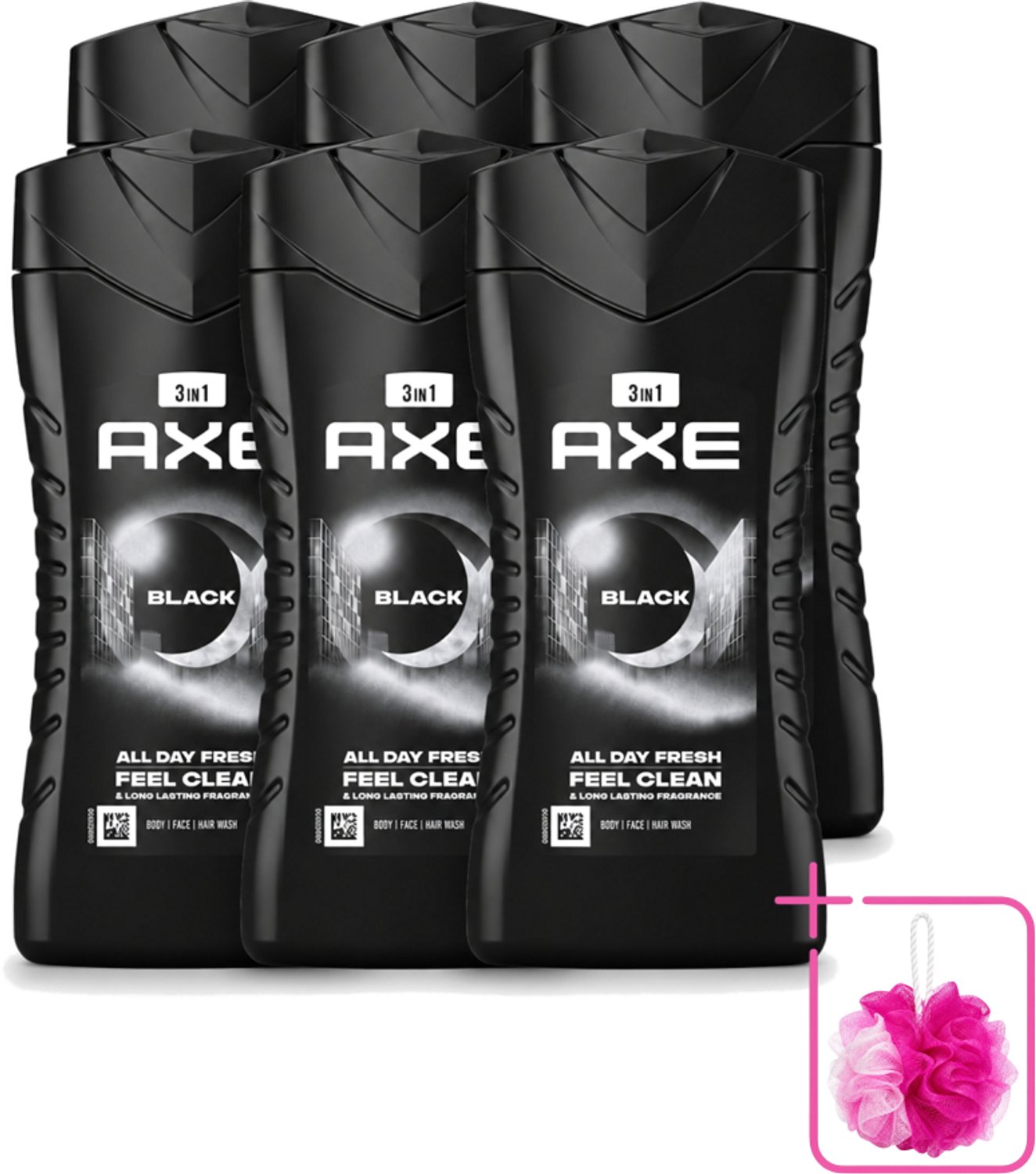 6 x Axe - 3-in-1 Douchegel - Black - Frozen Pear & Cedarwoord - 12hrs Long Lasting Scent - 250 ml - Bulkverpakking - Douchegel - Douchemop - Lichaam