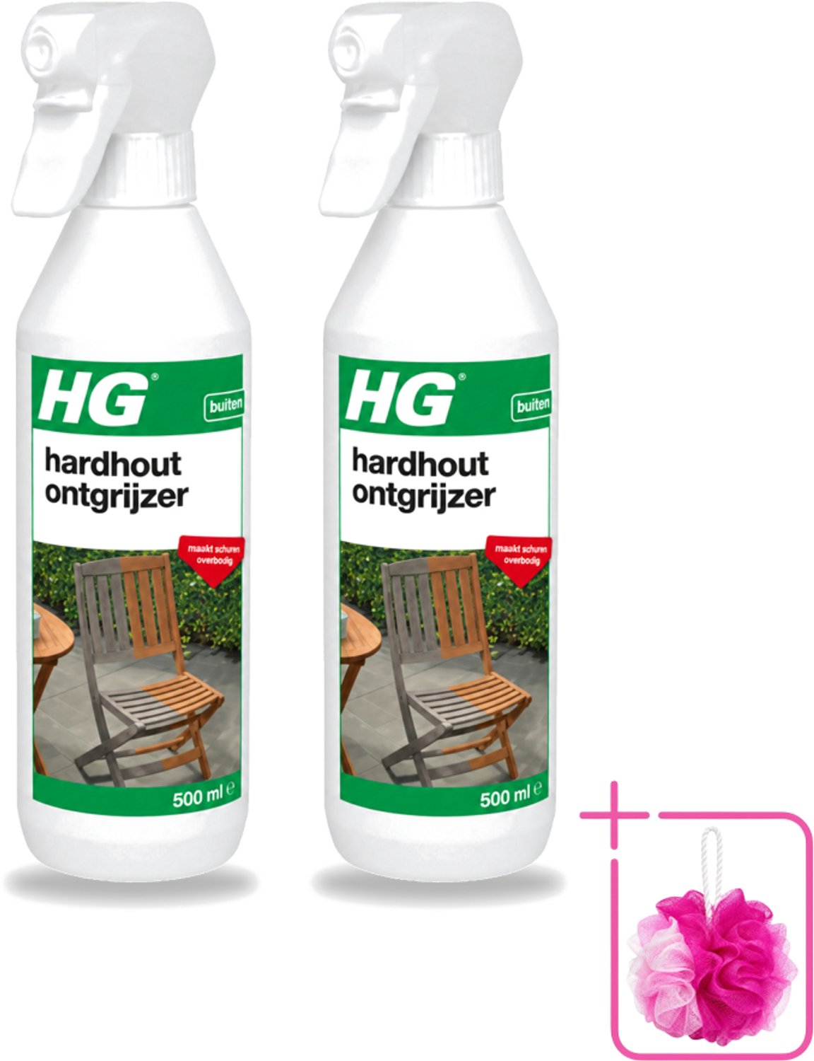 2 x HG - Buiten - Hardhout Ontgrijzer - Maakt Schuren Overbodig - 500 ml - Bulkverpakking - Hardhout ontgrijzen - Douchemop - Tuinmeubel reinigen