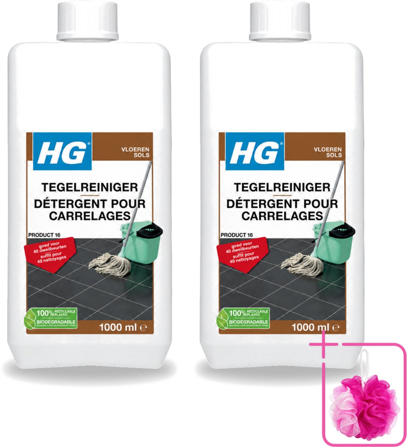 2 x HG - Vloeren - Tegelreiniger - 40 Dweilbeurten - 1L - Bulkverpakking - Tegelreiniger - Douchemop - Vloerreiniger