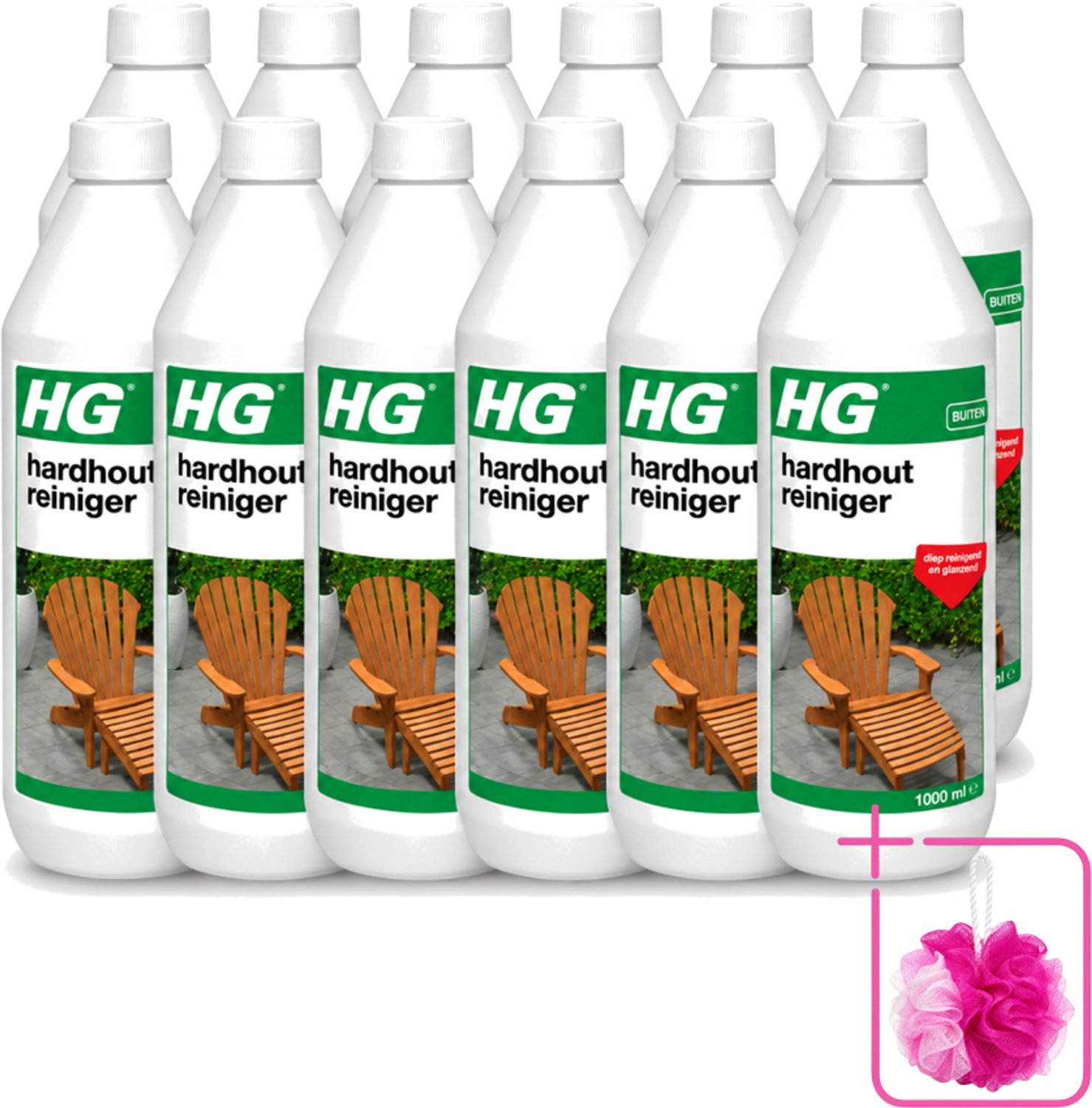 12 x HG - Buiten - Hardhout Reiniger - Diep Reinigend - 1L - Bulkverpakking - Hardhout reinigen - Douchemop - Tuinmeubel reinigen