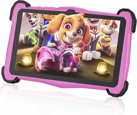 Roze kinder tablet met robuuste hoes, met een afbeelding van Skye van Paw Patrol op het scherm.