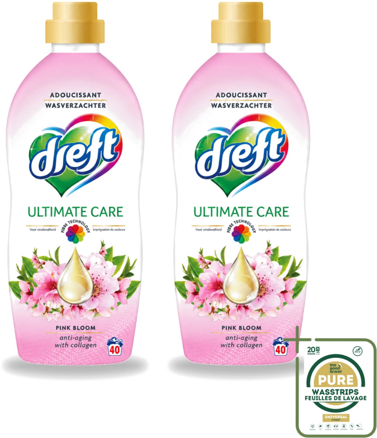 2 x Dreft - Ultimate Care - Wasverzachter - Roze Bloem - Anti-Veroudering - 40 Wasbeurten - Wasstrips - Wasverzachter - Anti-aging - Kleurbescherming - Wasgoed Verzorging - Roze Bloem Geur