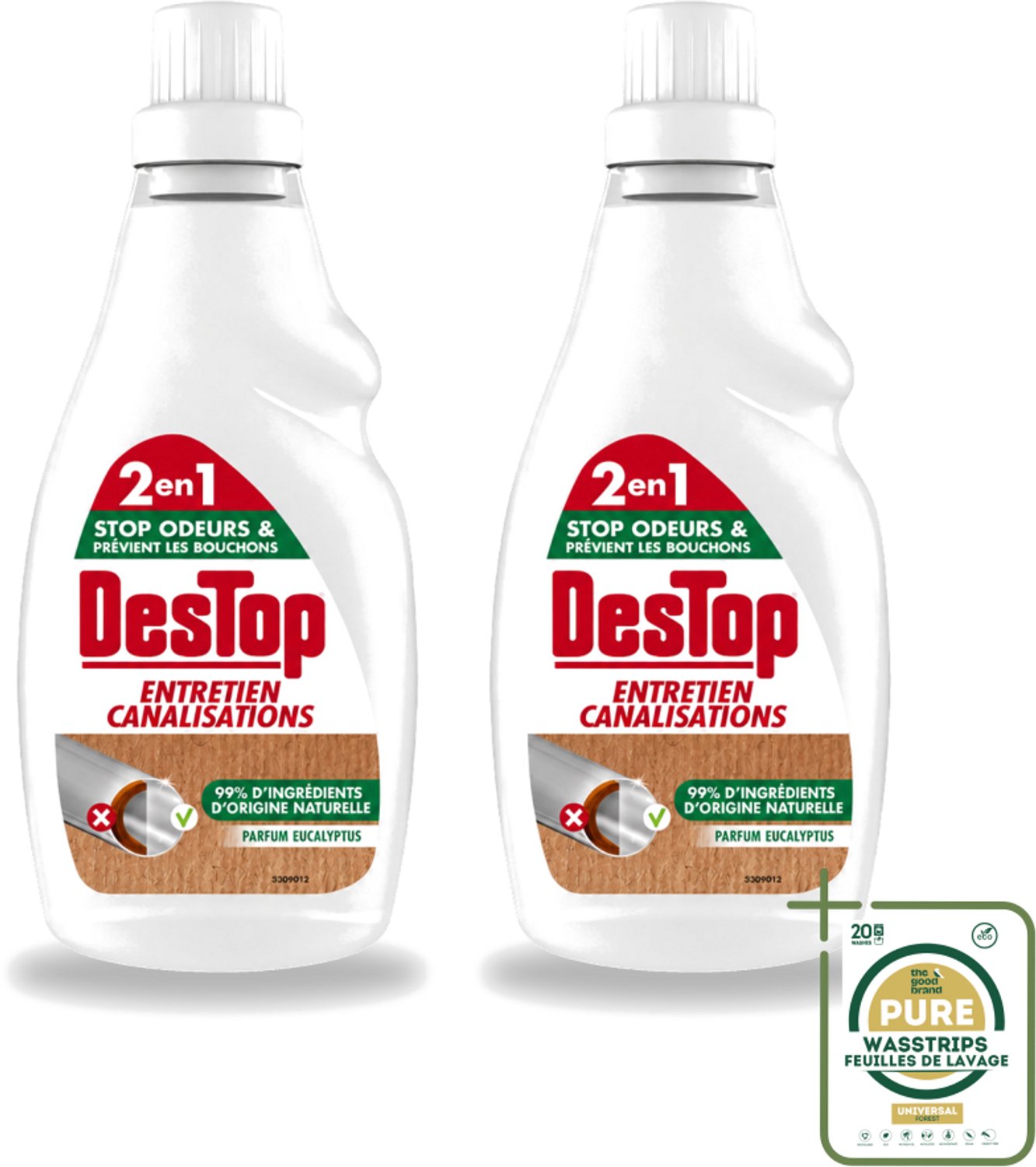 2 x DesTop - Onderhoud Leidingen - Ecologisch met Witte Azijn - Natuurlijke Ingrediënten - Eucalyptusgeur - 750 ml - Wasstrips - Leidingen Onderhouden - Ecologisch Onderhoud - Witte Azijn - Natuurlijke Reiniging - Eucalyptusgeur