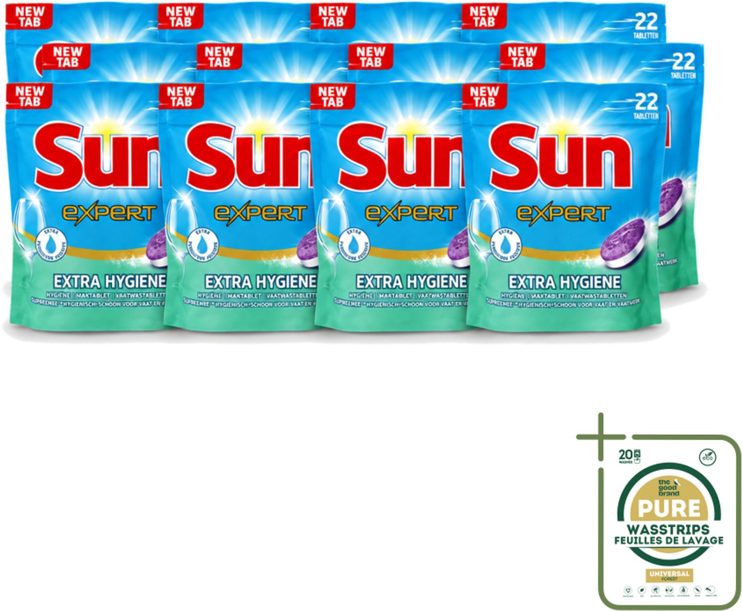 12 x Sun Expert - Extra Hygiëne - Vaatwastabletten - 22 Tabletten - Wasstrips - Vaatwastabletten - Hygiëne - Vaatwasser - Reiniging - Kalk