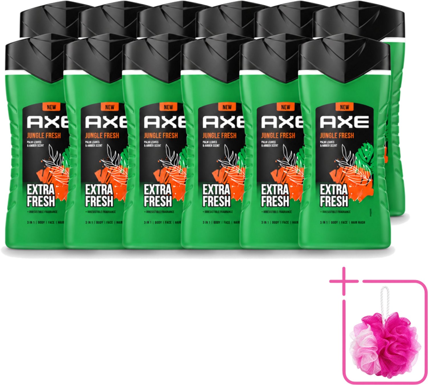 12 x Axe - 3-in-1 Douchegel - Jungle Fresh - Palm Leaves & Amber - Extra Fresh - 250 ml - Bulkverpakking - Douchegel - Douchemop - Lichaam