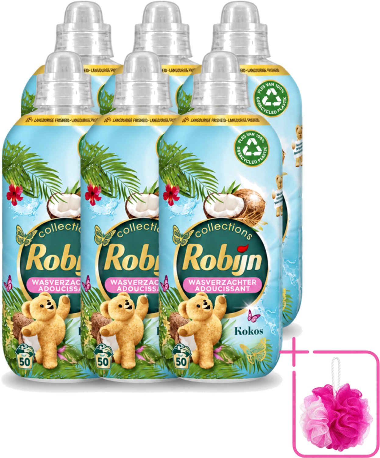 6 x Robijn Collections - Wasverzachter - Kokos - 1,25L - 50 Wasbeurten - Bulkverpakking - Wasverzachter kokos - Douchemop - Wasverzachter voor kleding
