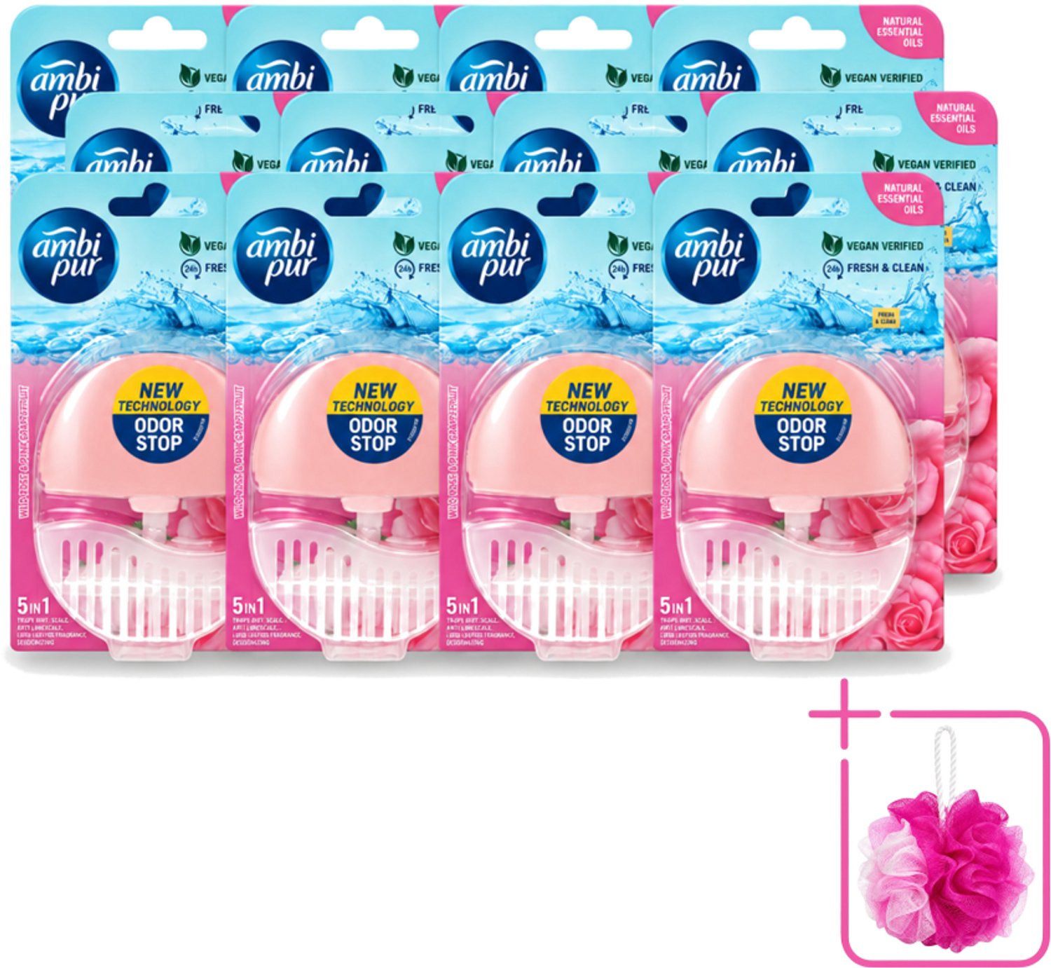 12 x Ambi Pur - Toiletblok - 5in1- Wilde Roos & Roze Grapefruit - 1 Blok - Bulkverpakking - Toilet - Douchemop - Toiletblok