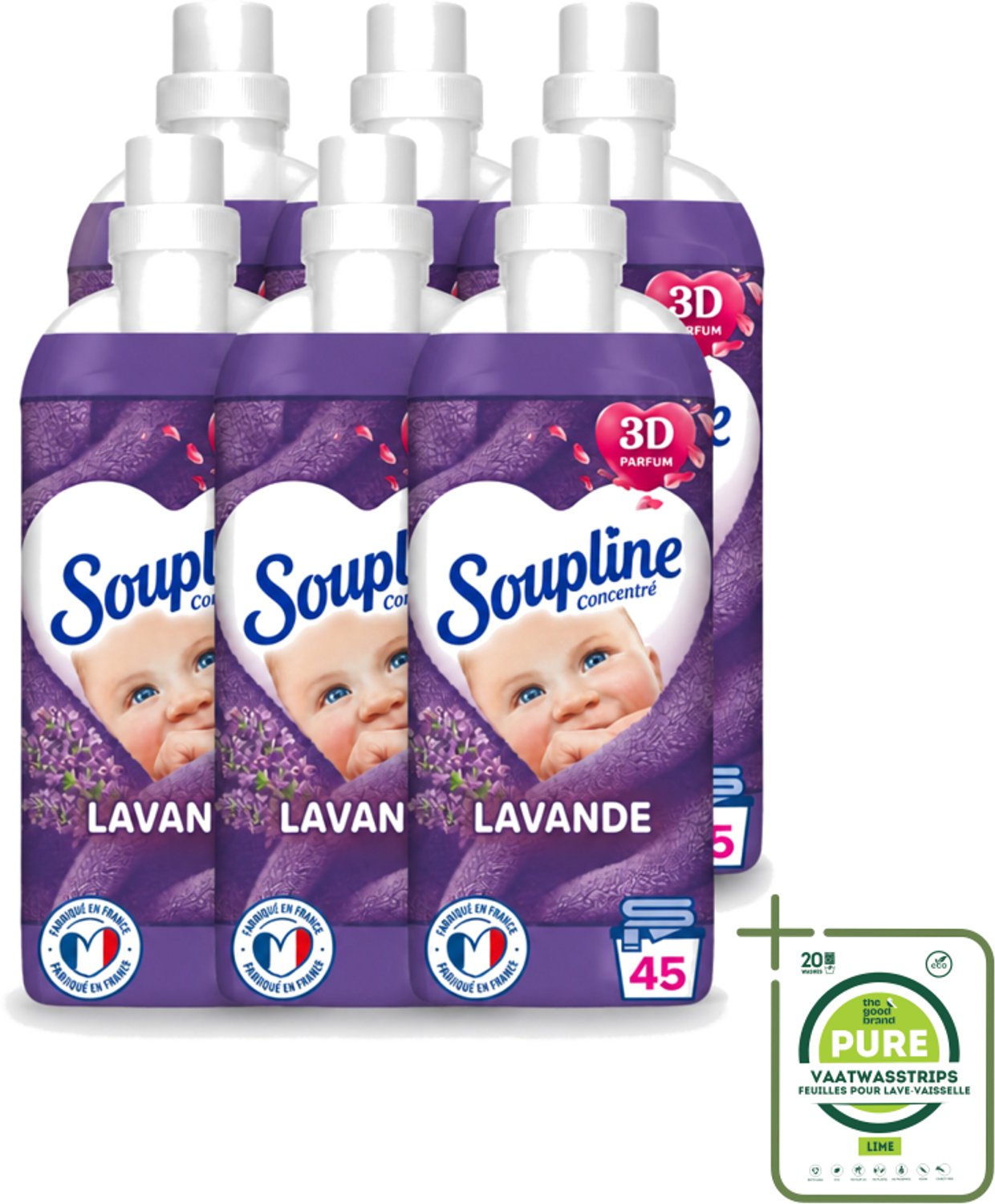 6 x Soupline - Wasverzachter - Lavendel - 45 Wasbeurten - 1L - Grootverpakking - Vaatwasstrips - Wasverzachter - Wasgoed Verzorgen - Wasresultaat - Wasmachine - Wasverzachter Lentebloesem