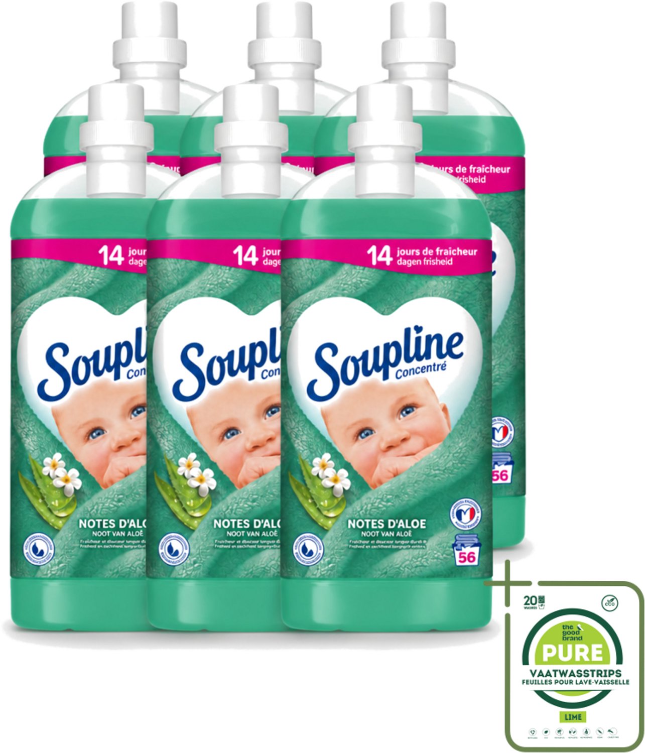 6 x Soupline - Wasverzachter - Aloë Vera - 56 Wasbeurten - 1.3L - Grootverpakking - Vaatwasstrips - Wasverzachter Aloë Vera - Frisse Geur - Zachte Kleding - 14 Dagen Frisheid - Natuurlijke Geur