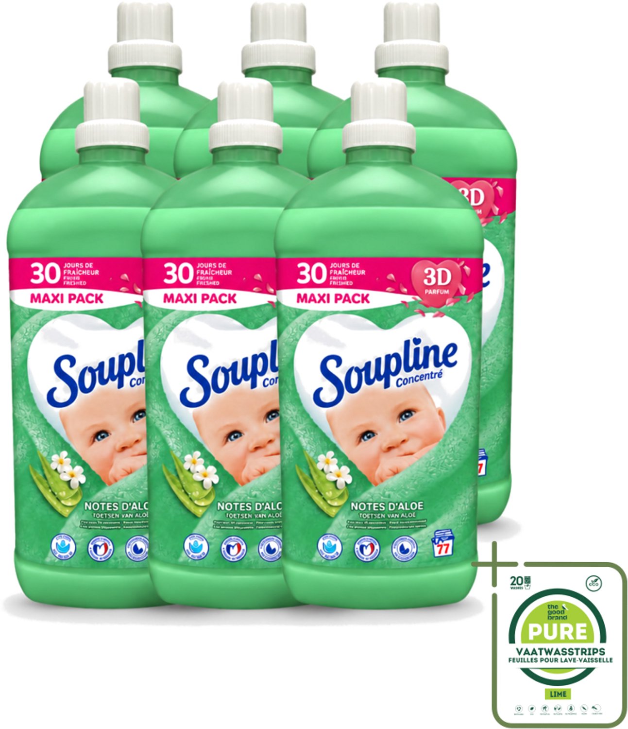 6 x Soupline - Wasverzachter - Aloë Vera Concentraat - 77 Wasbeurten - Grootverpakking - Vaatwasstrips - Wasverzachter Aloë Vera - Wasverzachter Voor Kleding - Aloë Vera Wasverzachter - Zachte Wasverzachter - Wasverzachter Voor Gezin