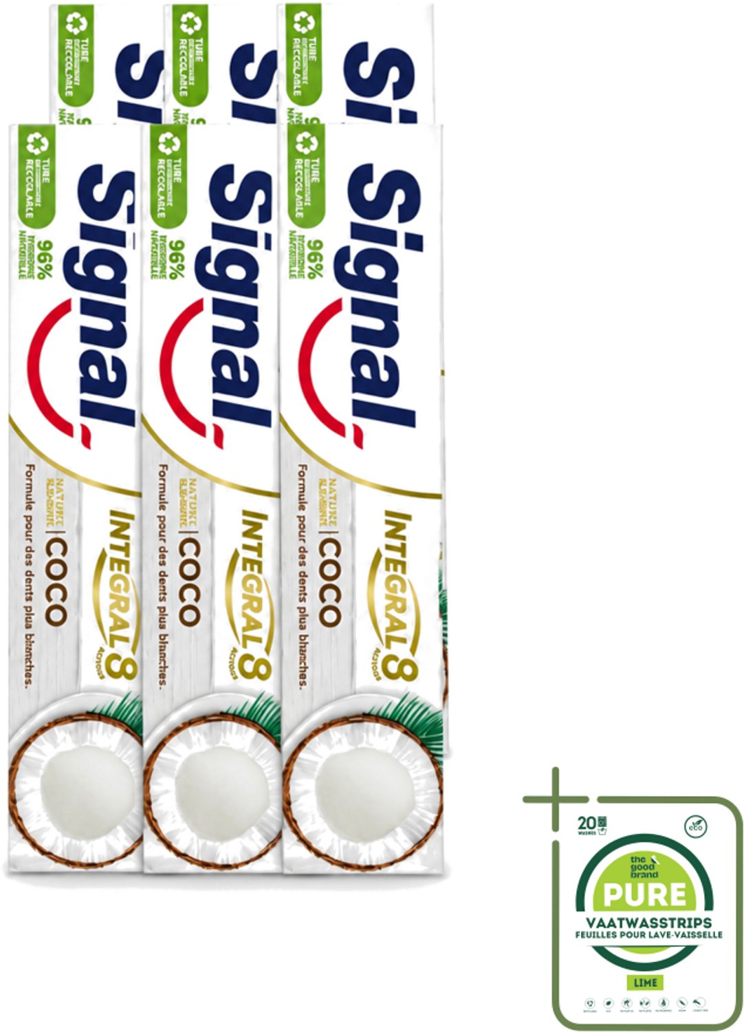 6 x Signal - Integral & Actions - Tandpasta - Natuurlijke Elementen - Kokos - Voor Witte Tanden - 75 ml - Grootverpakking - Vaatwasstrips - Tandpasta - Natuurlijke Tandpasta - Kokos Tandpasta - Witte Tanden - Tandbescherming