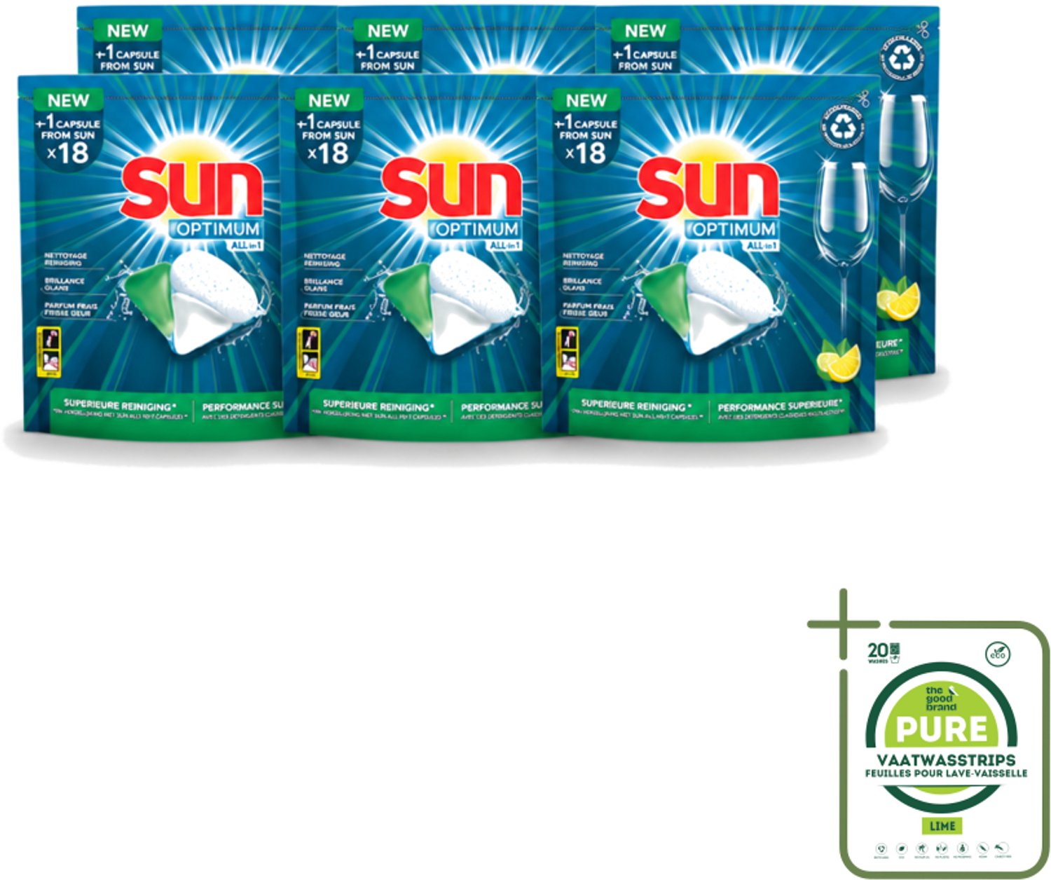 6 x Sun Optimum - All-in-1 - Vaatwasmiddel - Capsules - Citroen - 18 Capsules - Grootverpakking - Vaatwasstrips - Vaatwasmiddel - Vaatwascapsules - Citroen - Reiniging - Spoelglans